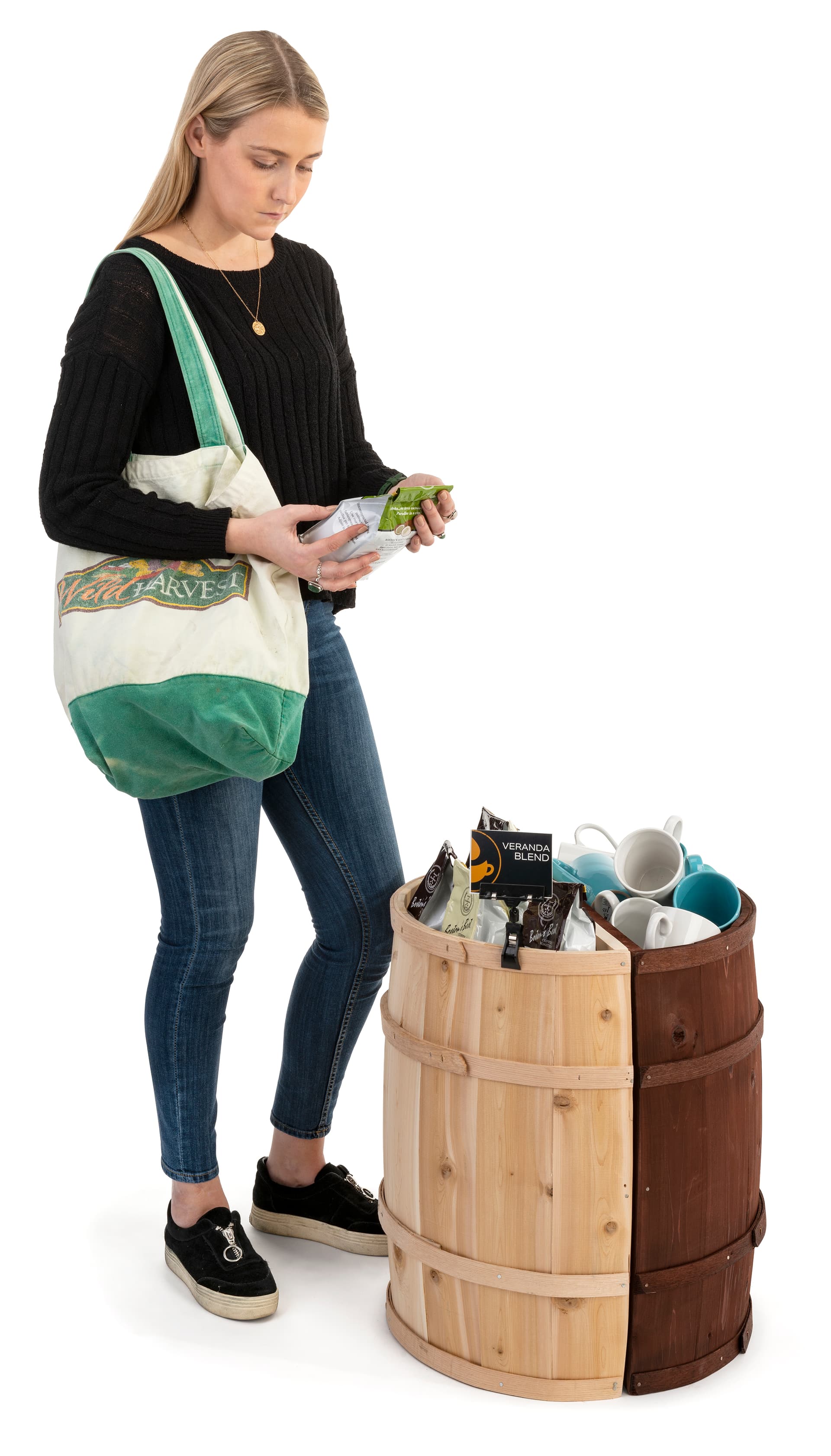 Split half barrel display with false bottom
