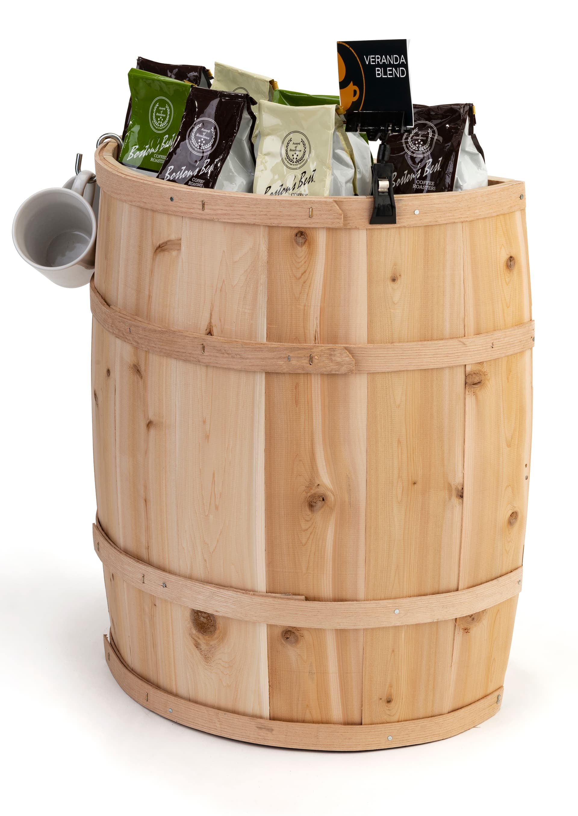Split half barrel display with natural finish