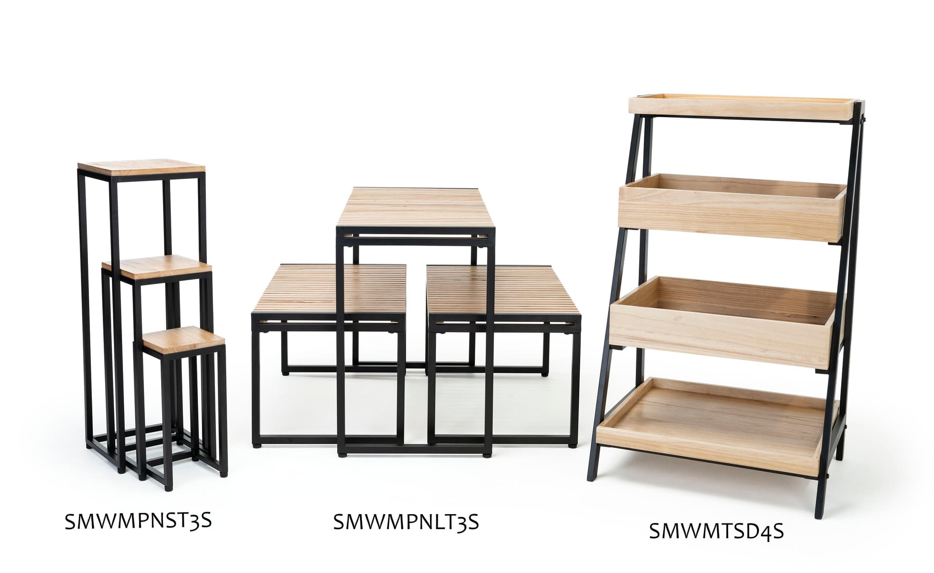 Wooden display tables are included in a collection