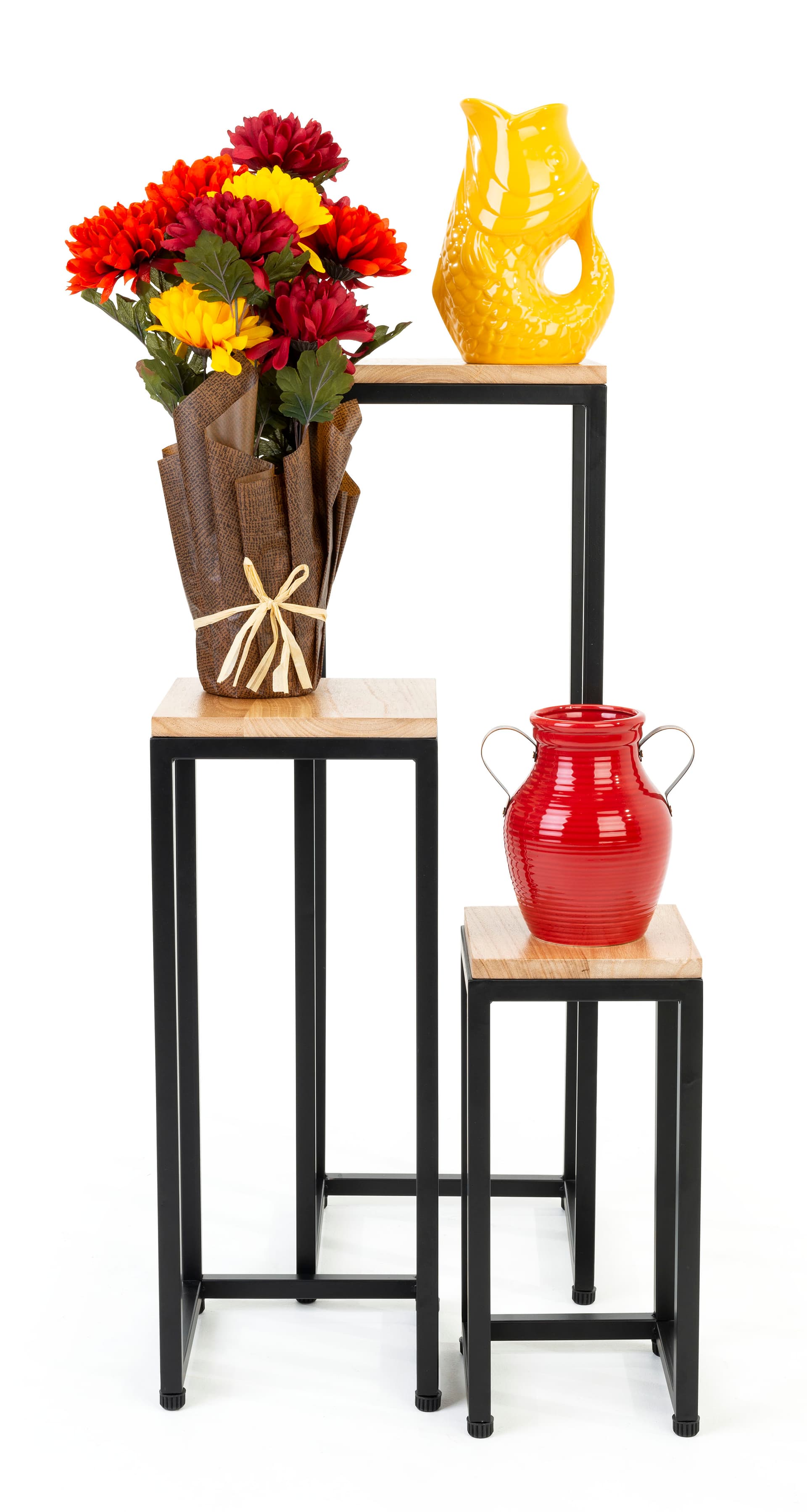 Wooden display tables in three different sizes