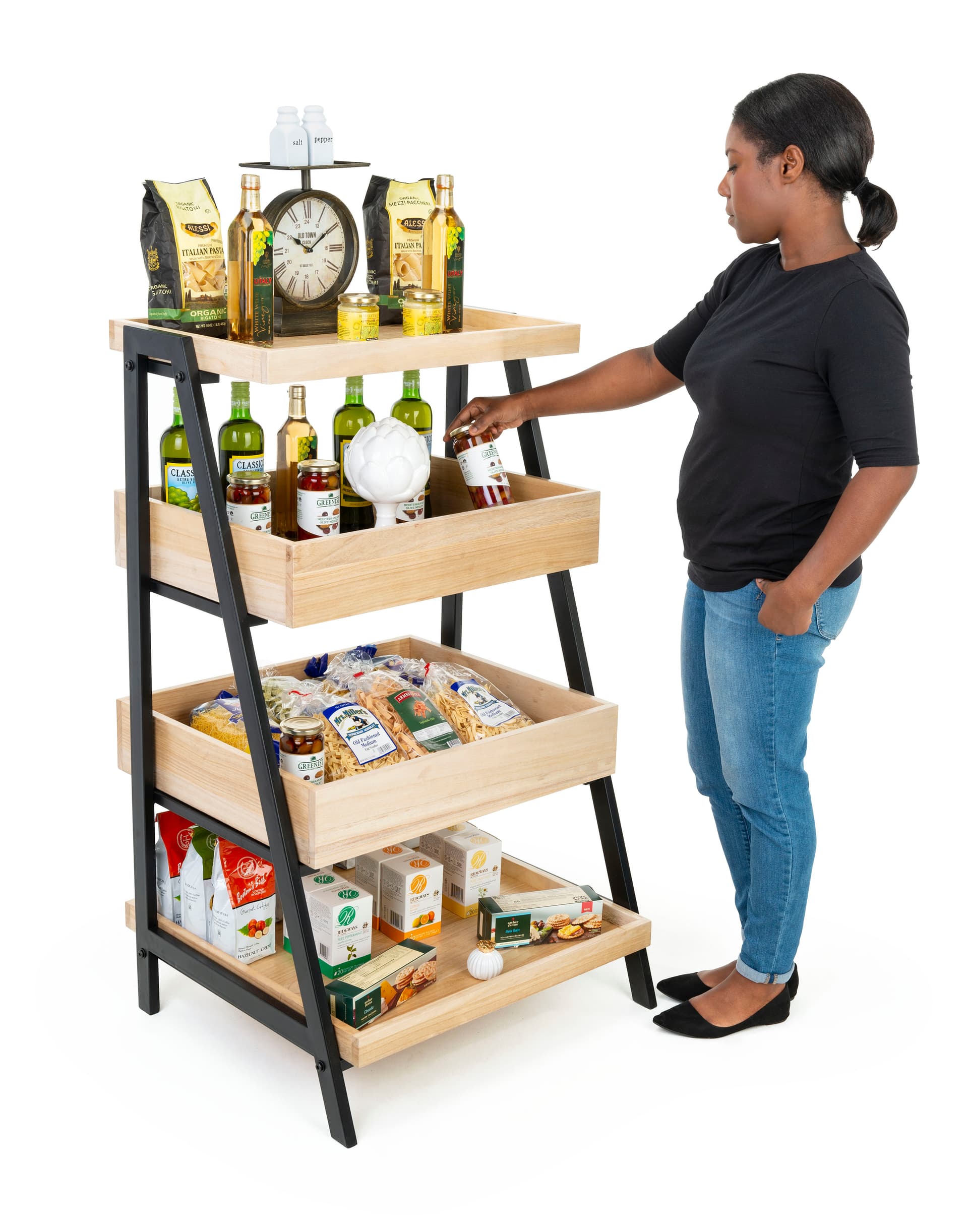 Wooden tiered display shelving has easy assembly