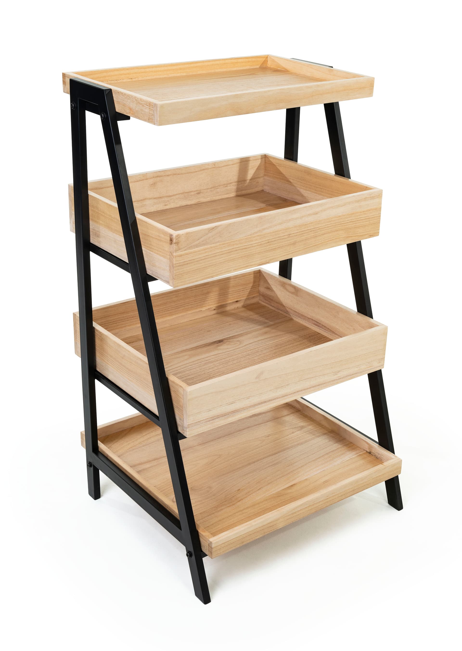 Wooden tiered display shelving with natural wood finish
