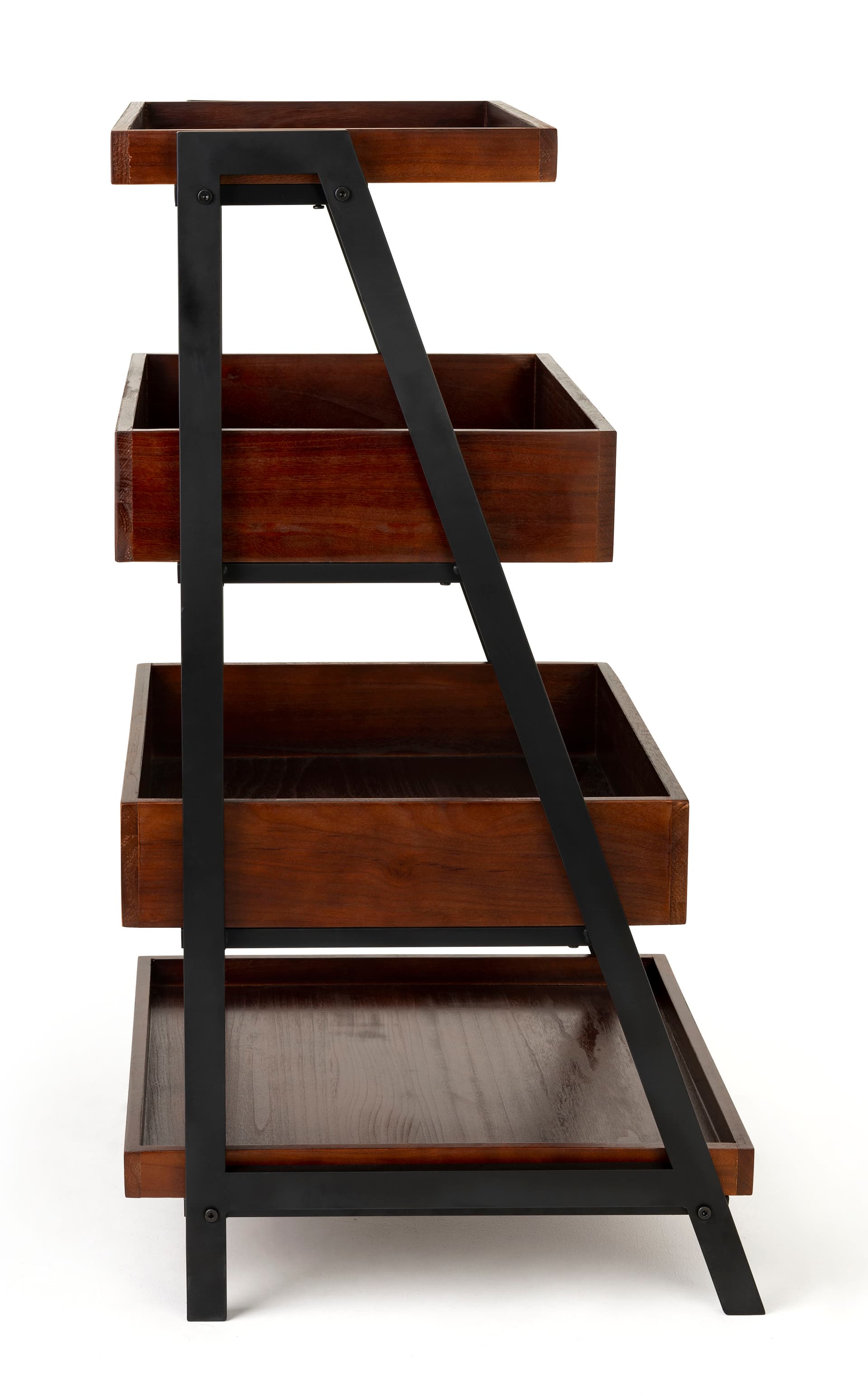 Rustic wooden dump merchandising shelves has a slim profile