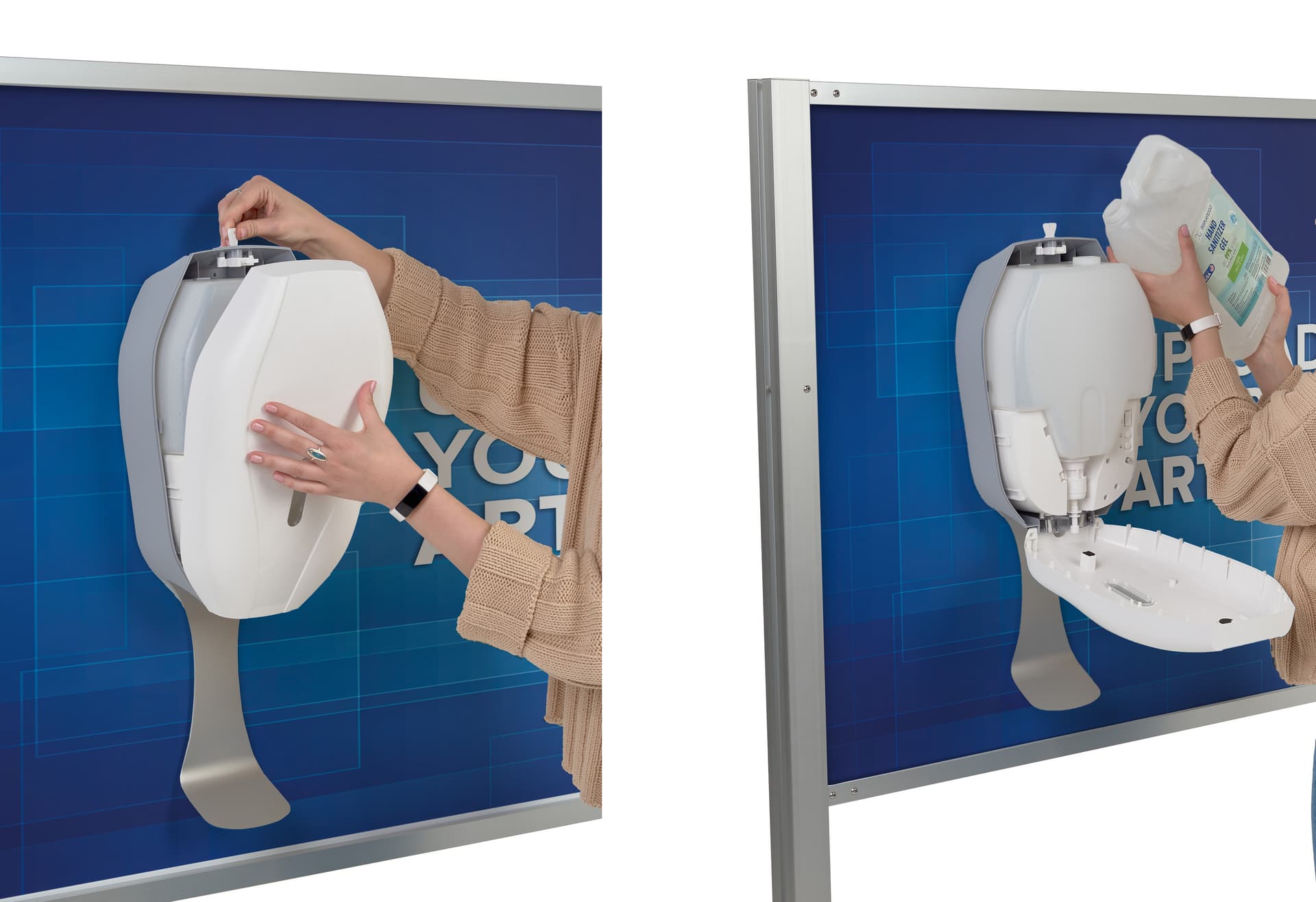 Multi-unit hand sanitizer dispenser with easy top loading refill style