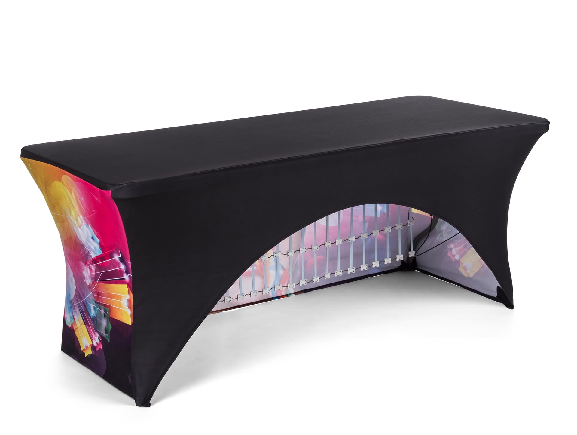 Stretch Polyester 6 Foot backlit custom scrim cover and table set 