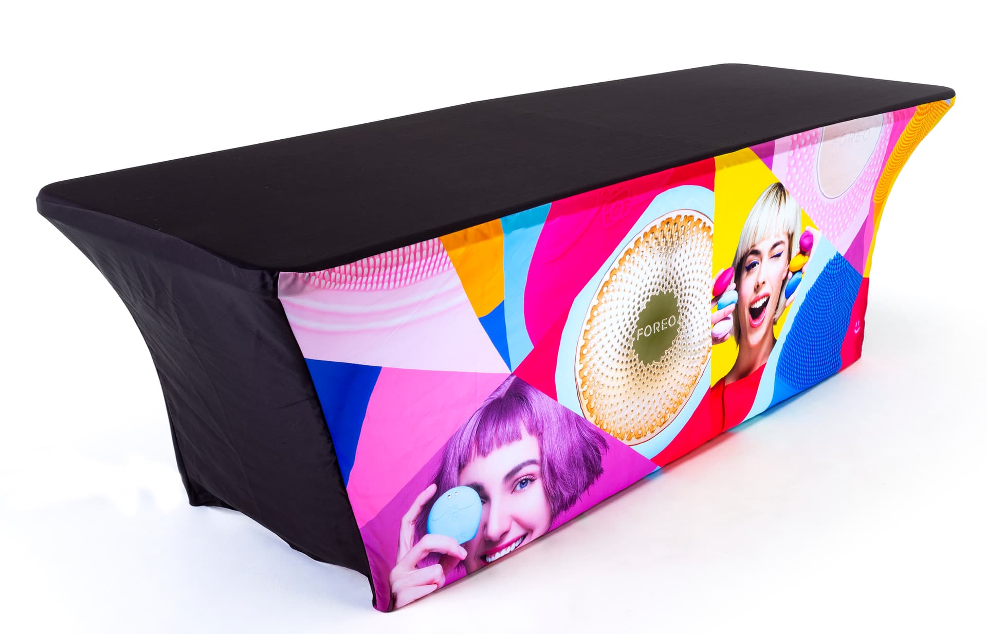 8ft custom stretch LED table cover replacement graphic with black top and back