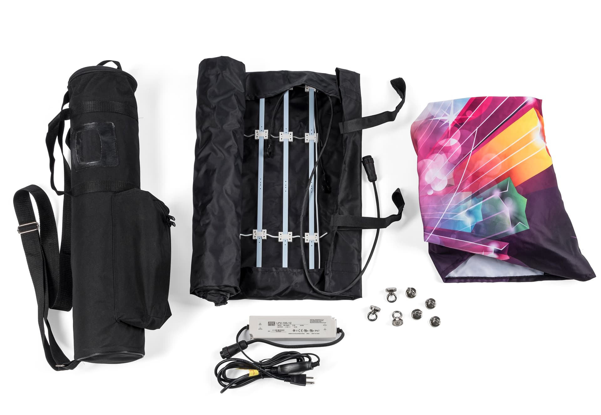 8' event table package with custom spandex cover and LED light kit with carry case and hardware