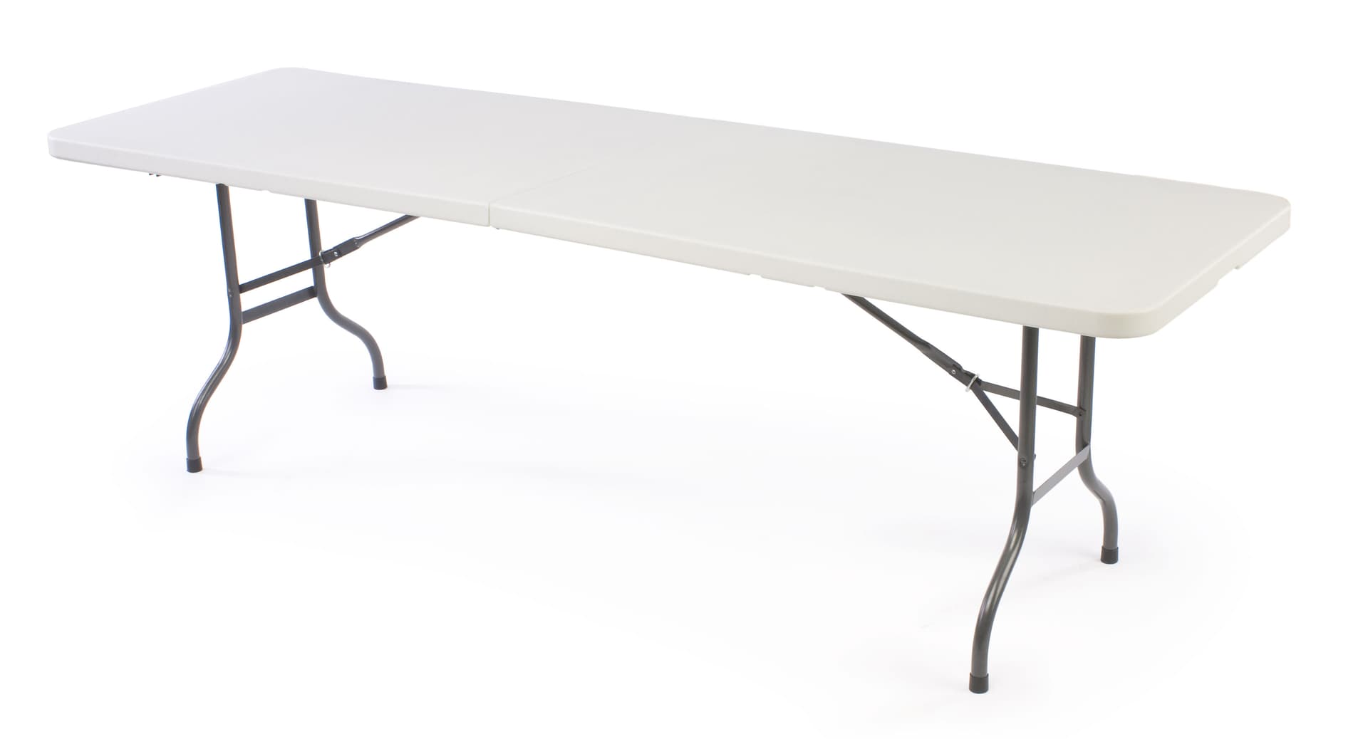 Sturdy molded plastic 8' event table package with custom spandex cover and LED light kit