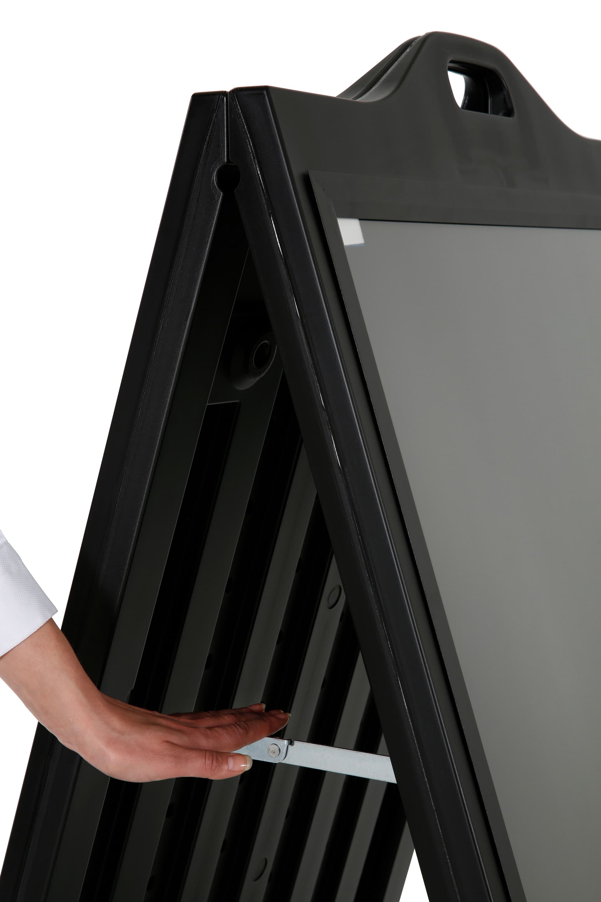 A-Frame Sidewalk Sign Holder is hinged for easy foldability
