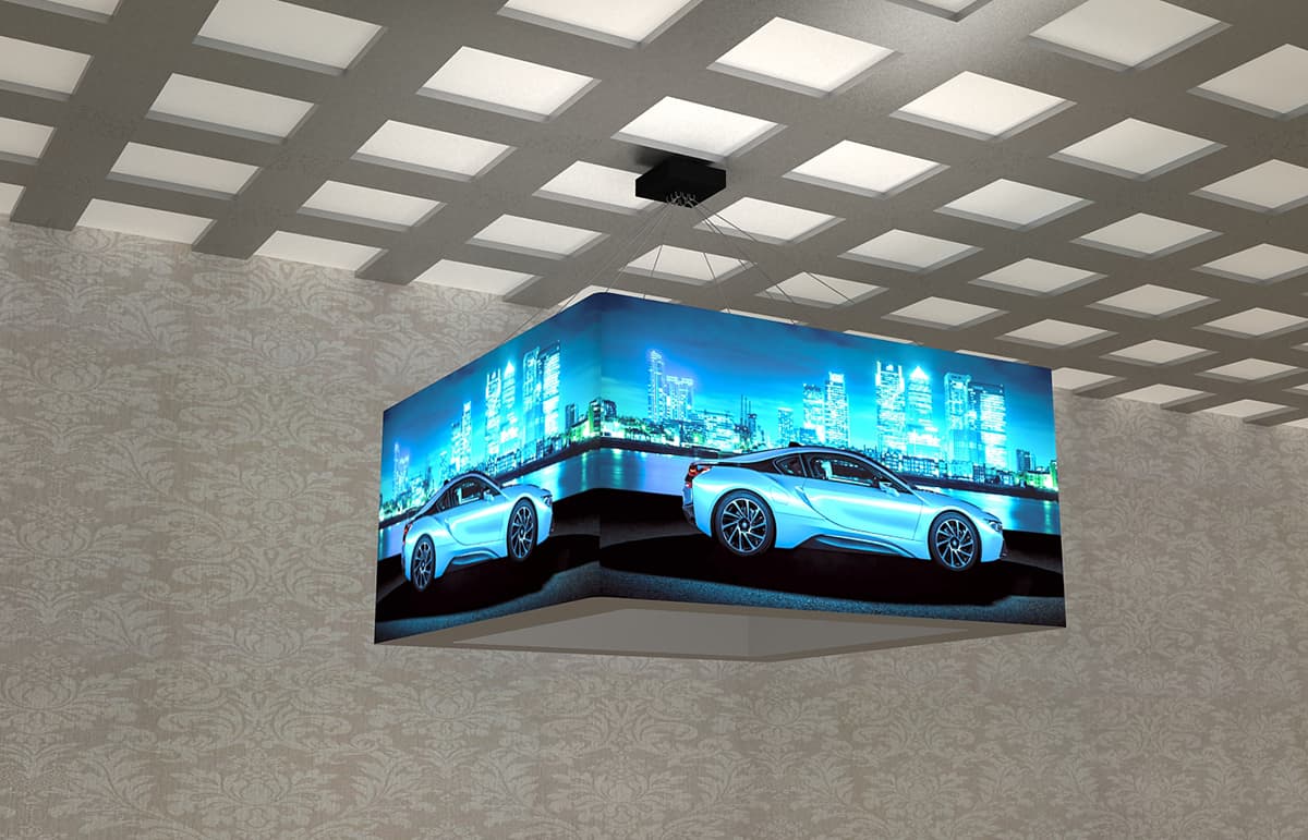 8' overhead hanging cube light box sign with full color graphics