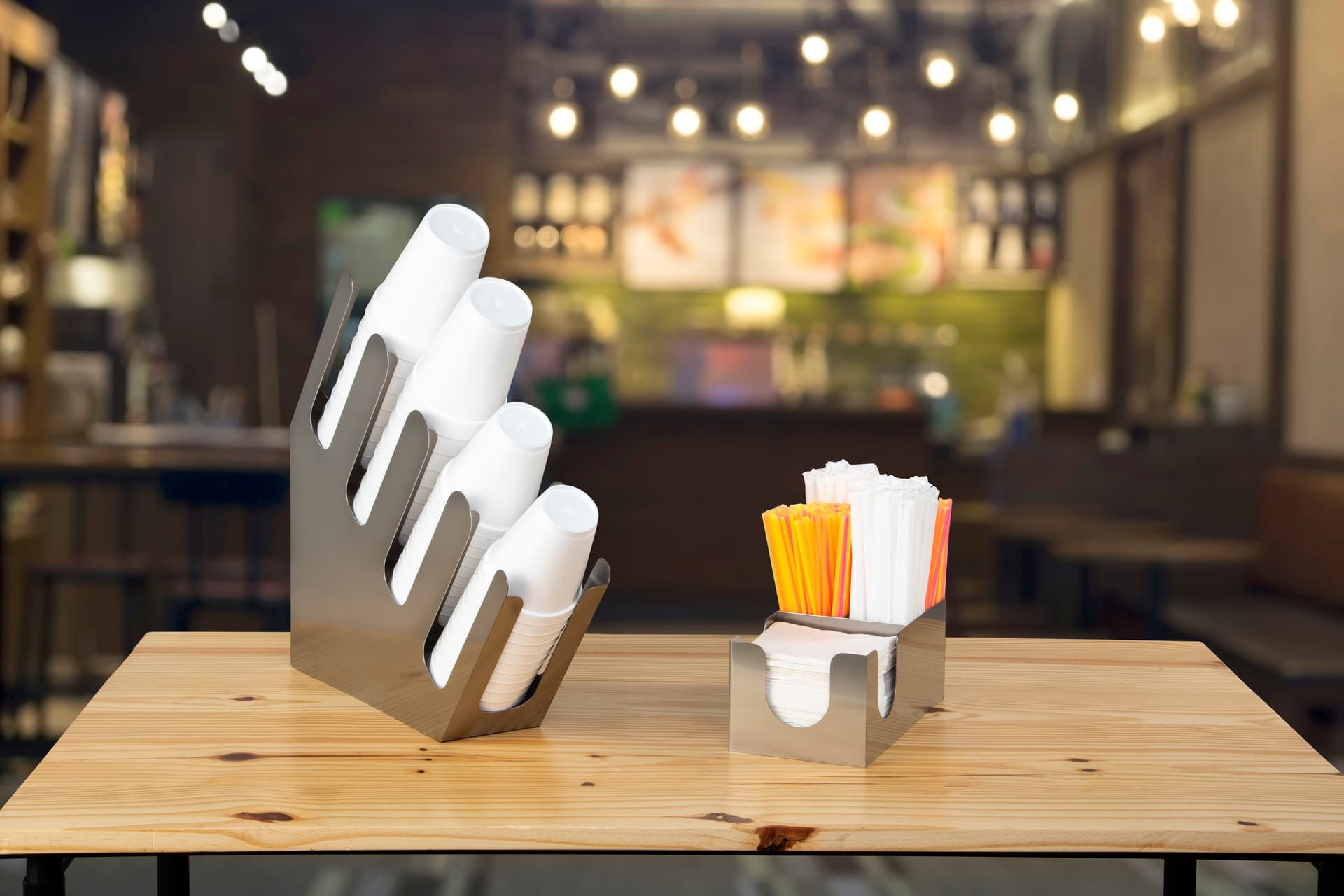 Stainless steel coffee cup dispenser with modern industrial style