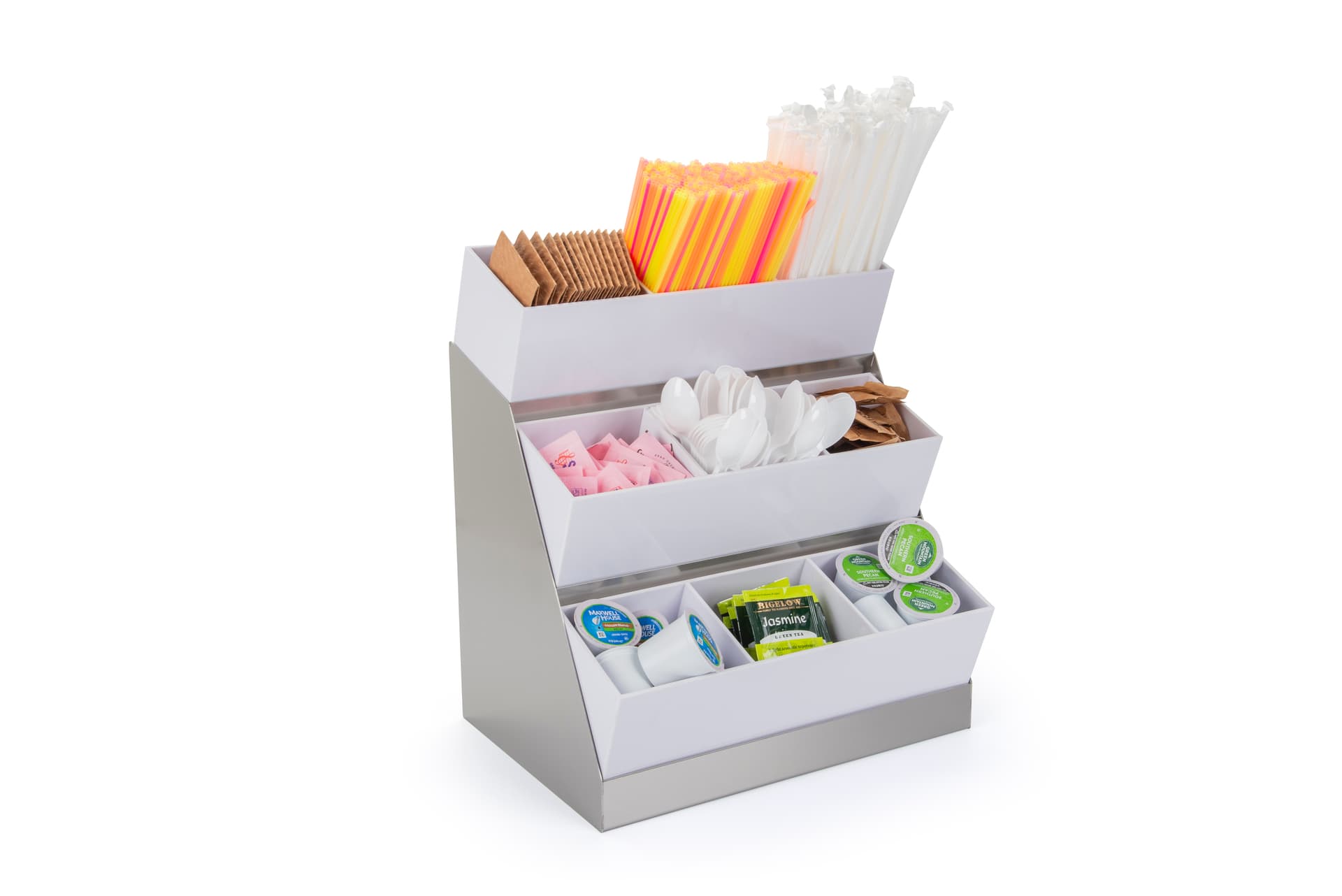 Coffee bar condiment dispenser with deep bins