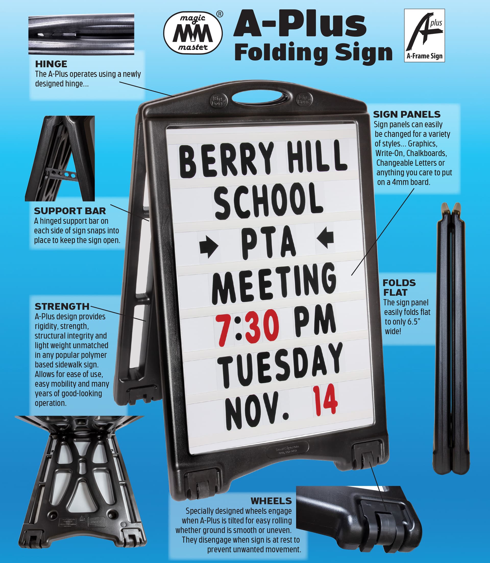 24 x 36 A-frame letter board sidewalk sign with mobile and collapsible features