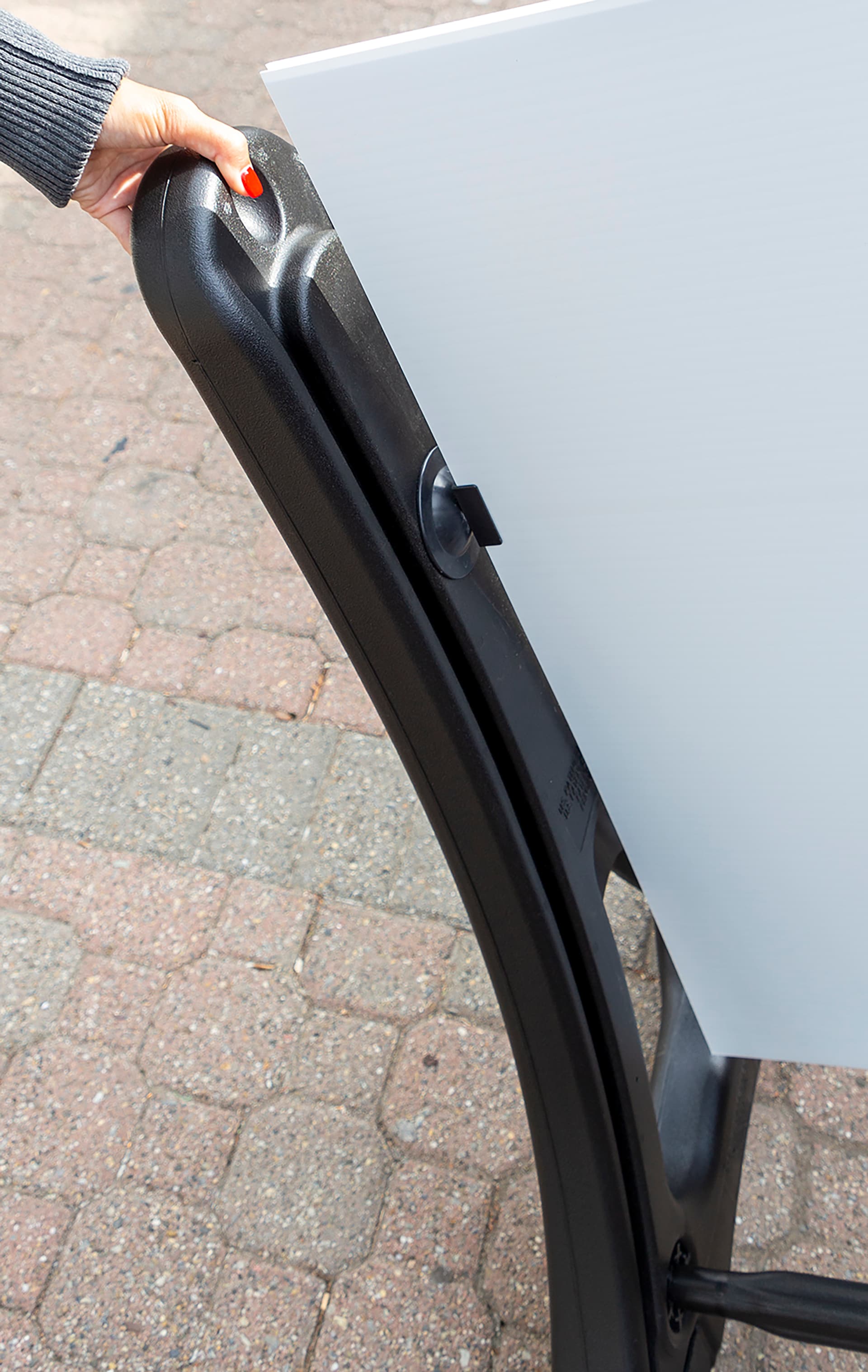 48 x 36 swinging letter sidewalk sign with wheels that engage for outdoor use
