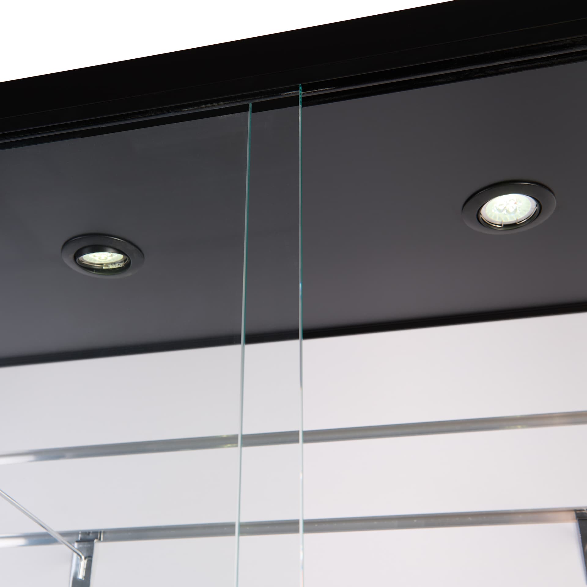 Slatwall display case with two overhead LED lights