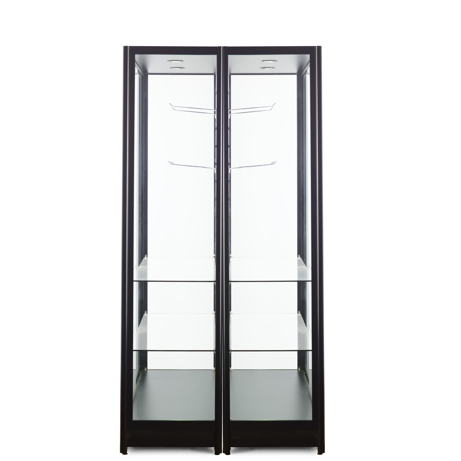 Two slatwall display cases paired back to back