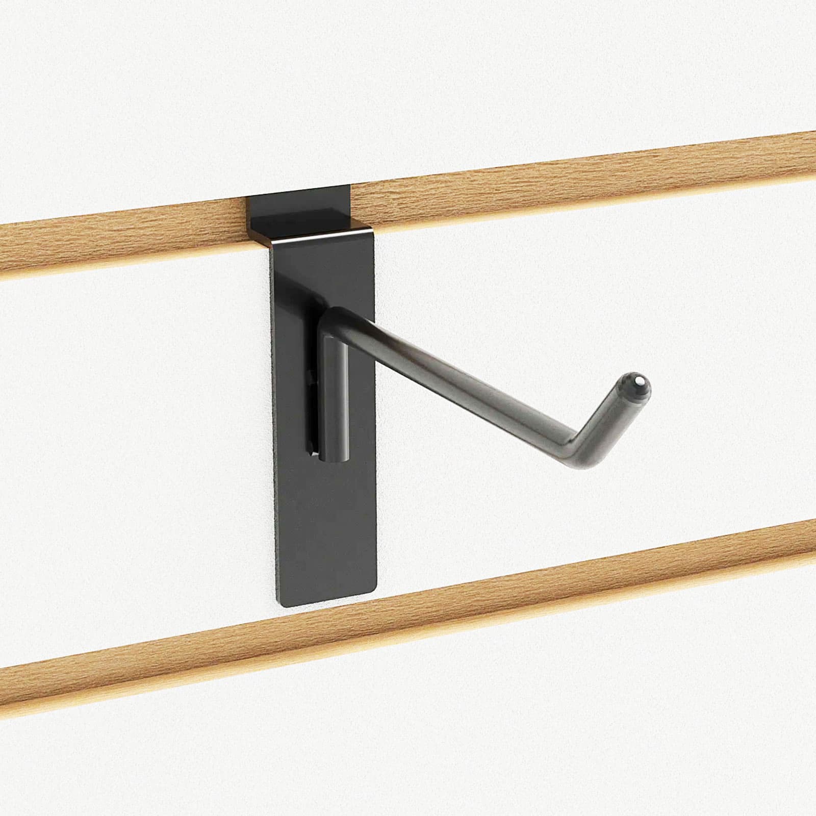 Slatwall hooks slide effortlessly into standard slatwall channels