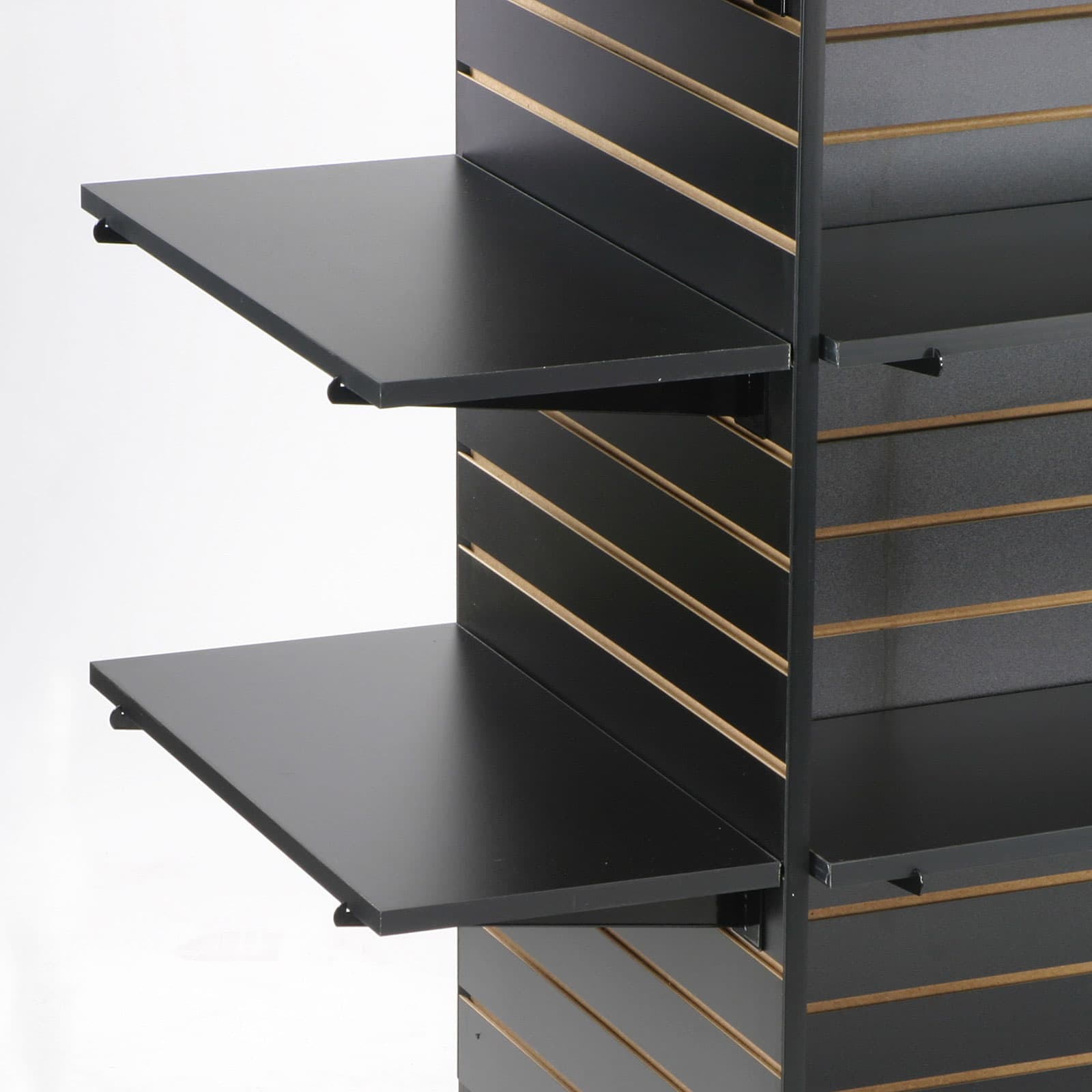 Slatwall shelves attach to fixtures with standard slatwall shelf brackets