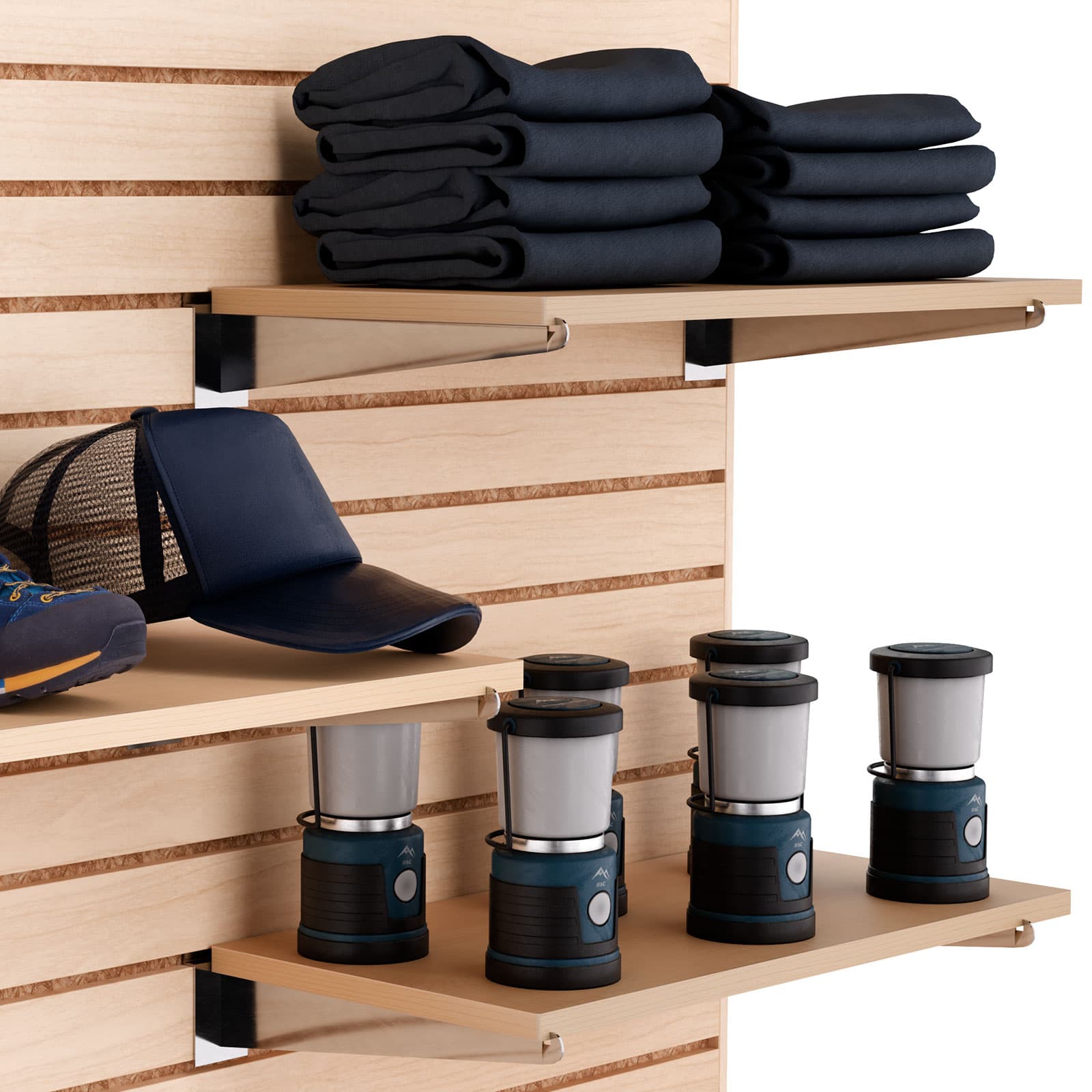 Slatwall shelves mount to slatwall fixtures via standard slat shelf brackets