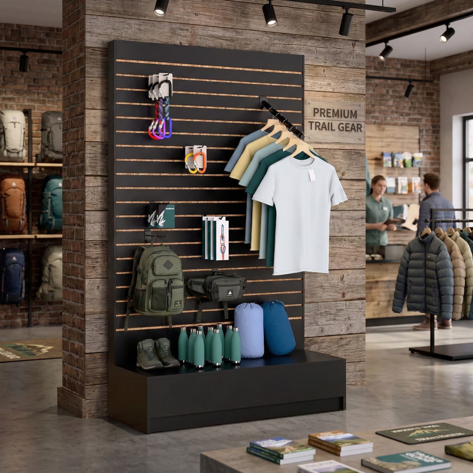 L-shaped slatwall panel display with 6 inch tall base