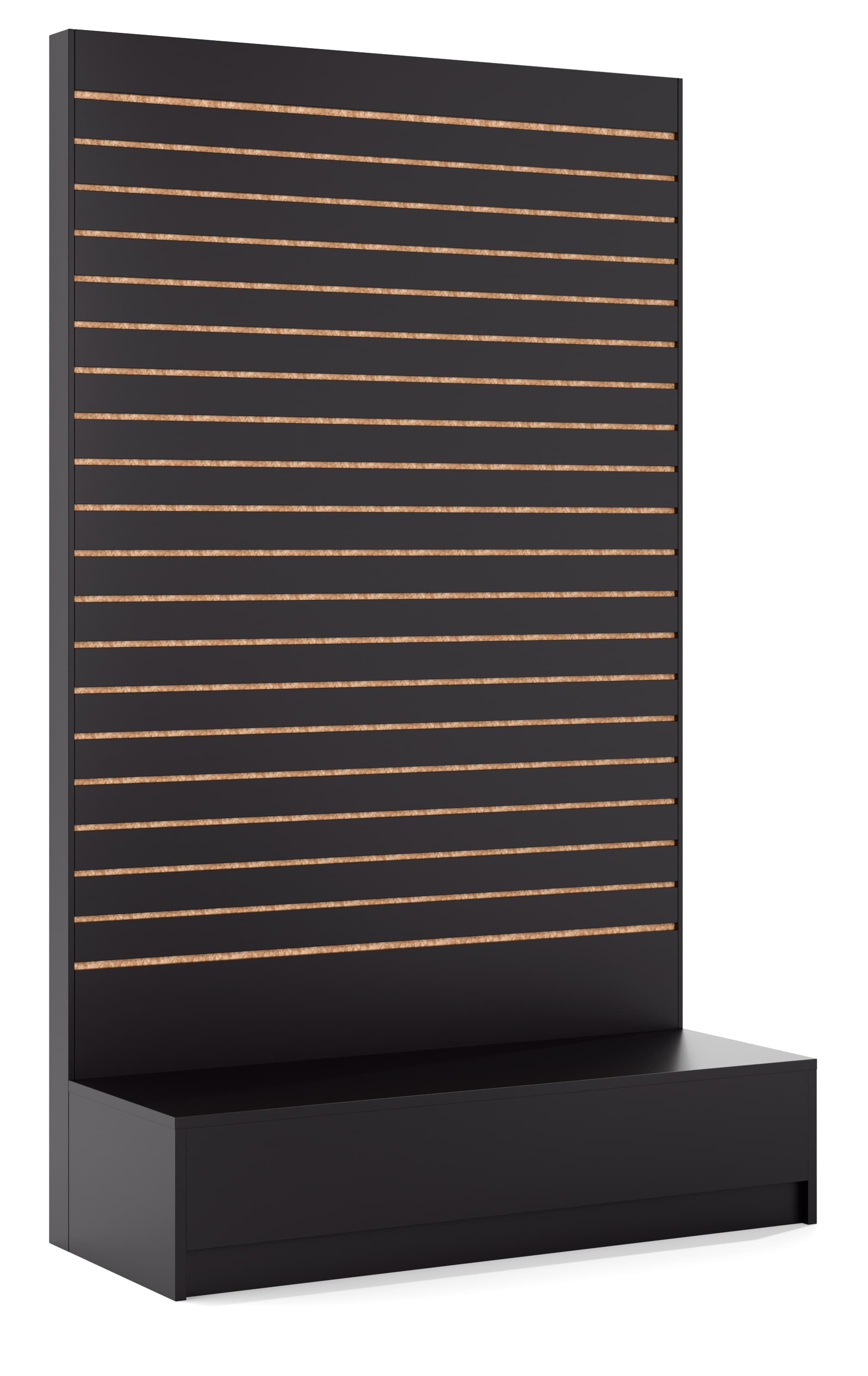 L-shaped slatwall panel display with black satin finish 