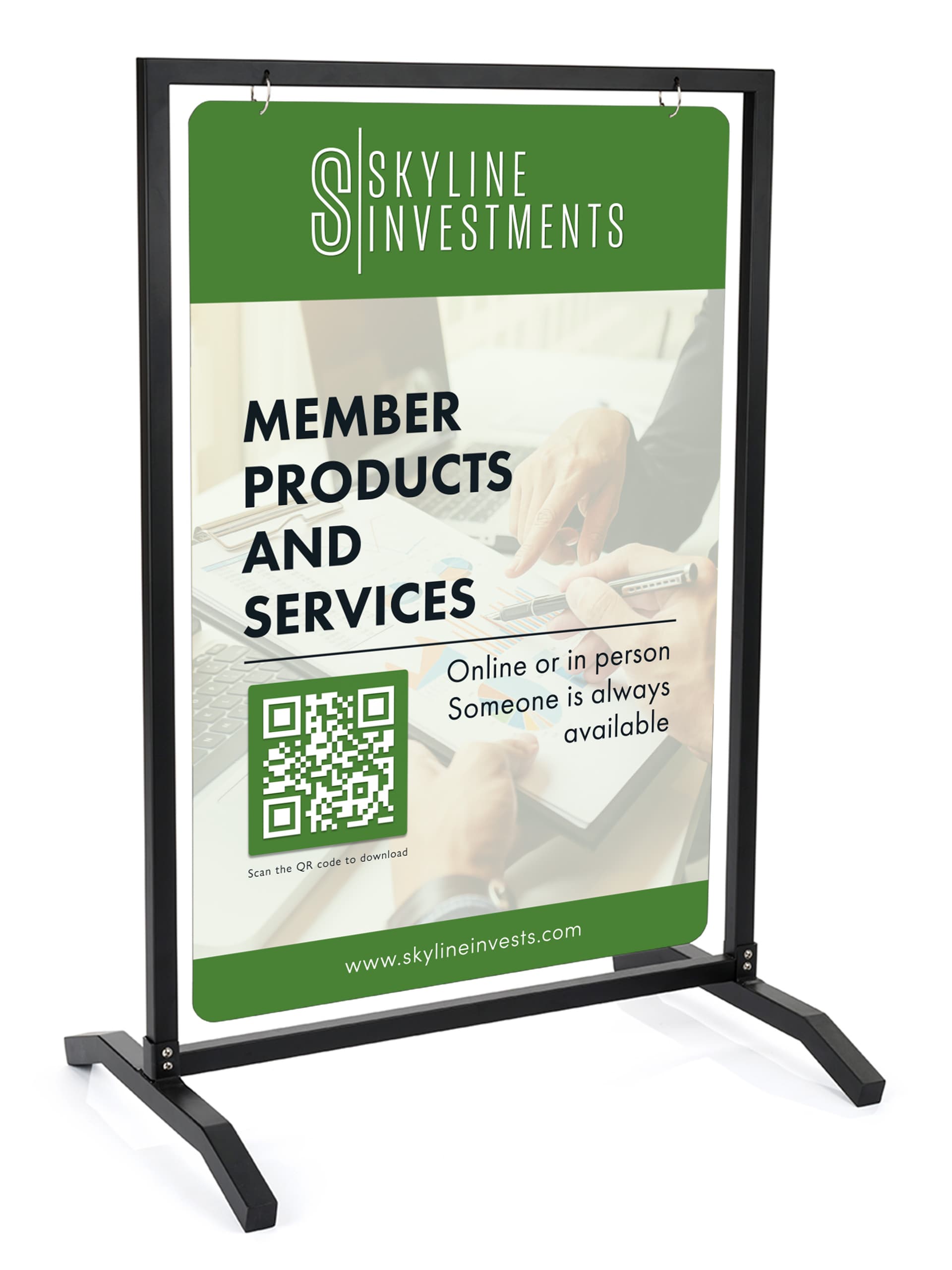 UV printed 24x36 custom swinging black sidewalk hang sign