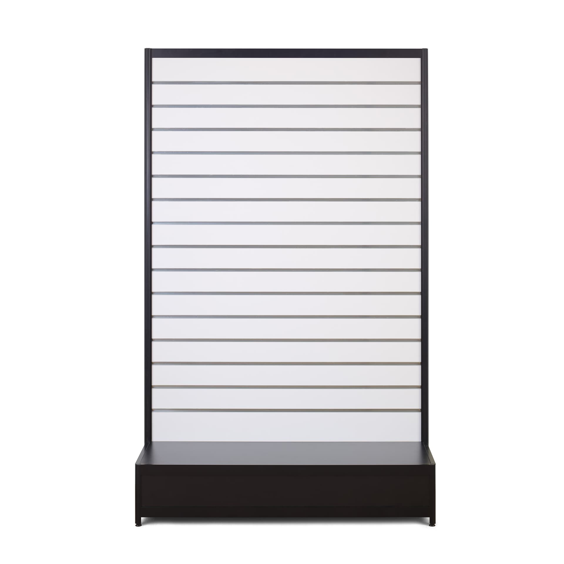 Slatwall gondola shelving unit with black base