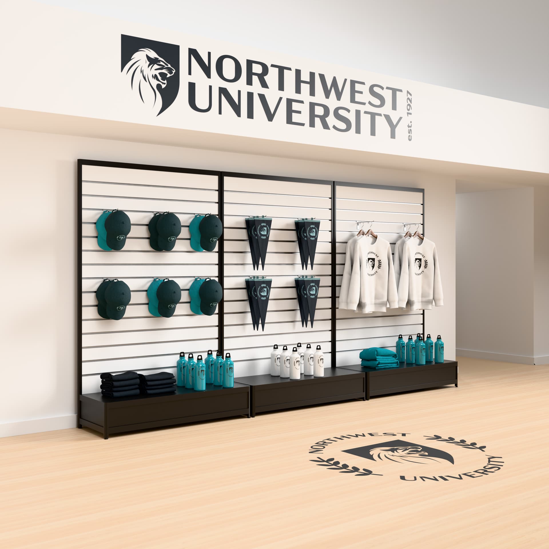 Slatwall gondola shelving unit in college store