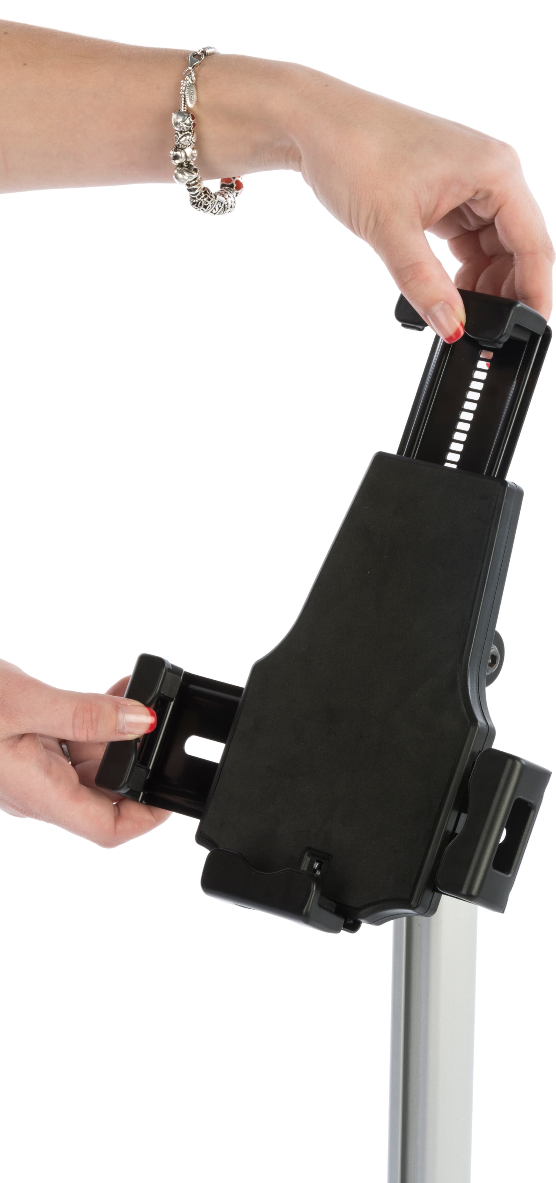 Rolling iPad stand with adjustable width and height enclosure 
