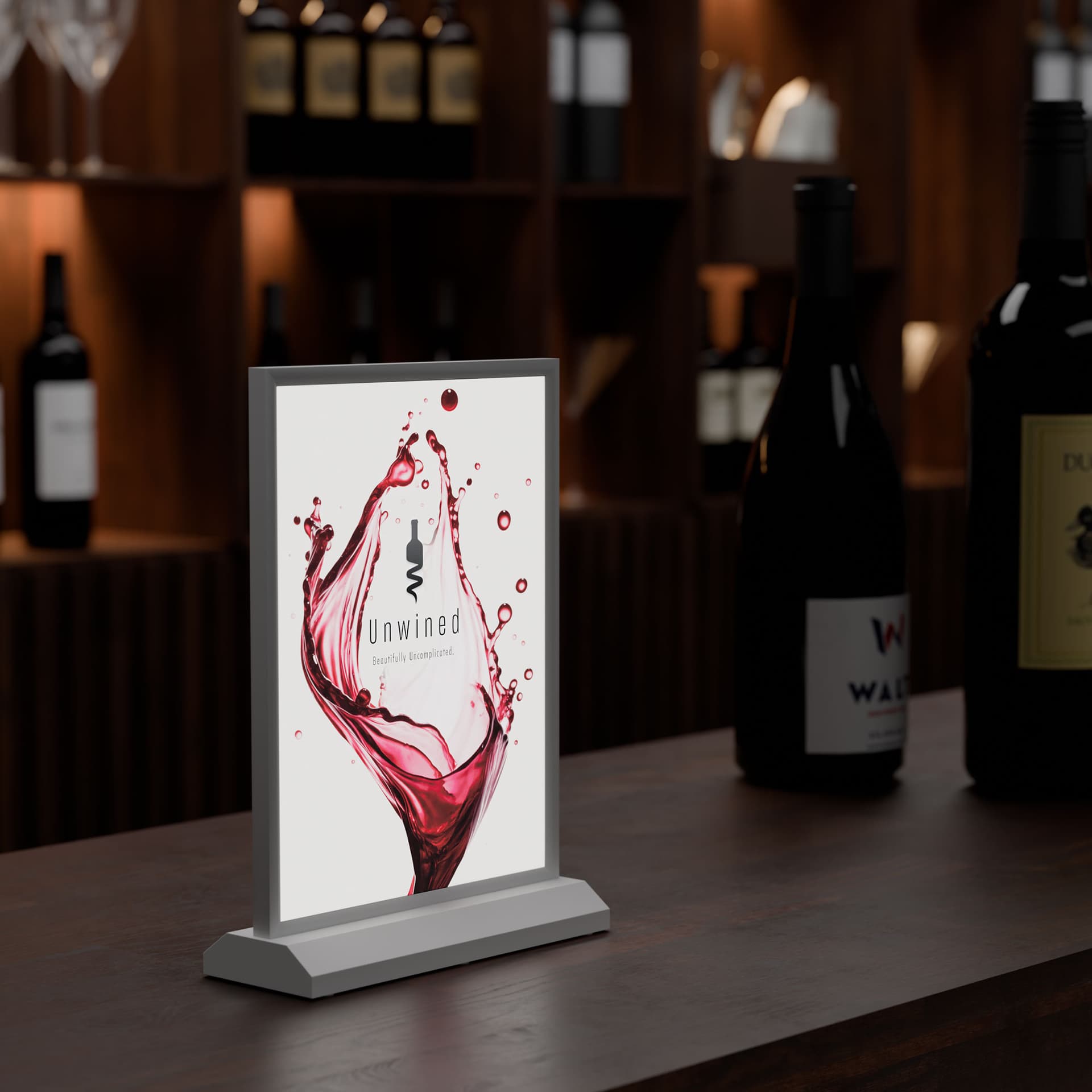 Tabletop LED sign holder shown on a bar in a restaurant setting