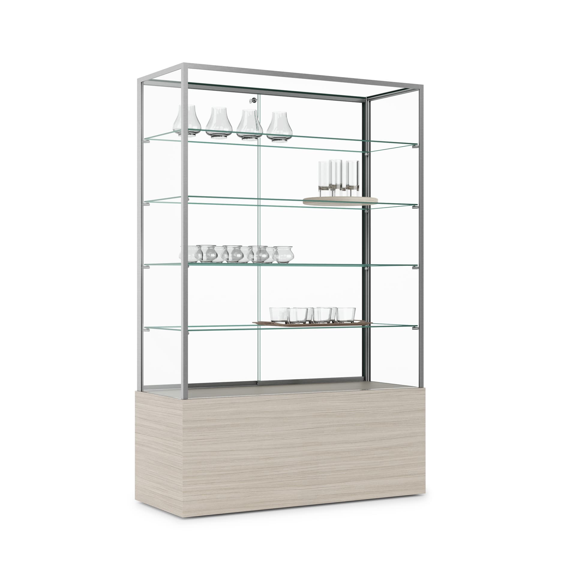Retail glass display cabinet with wheels for mobility