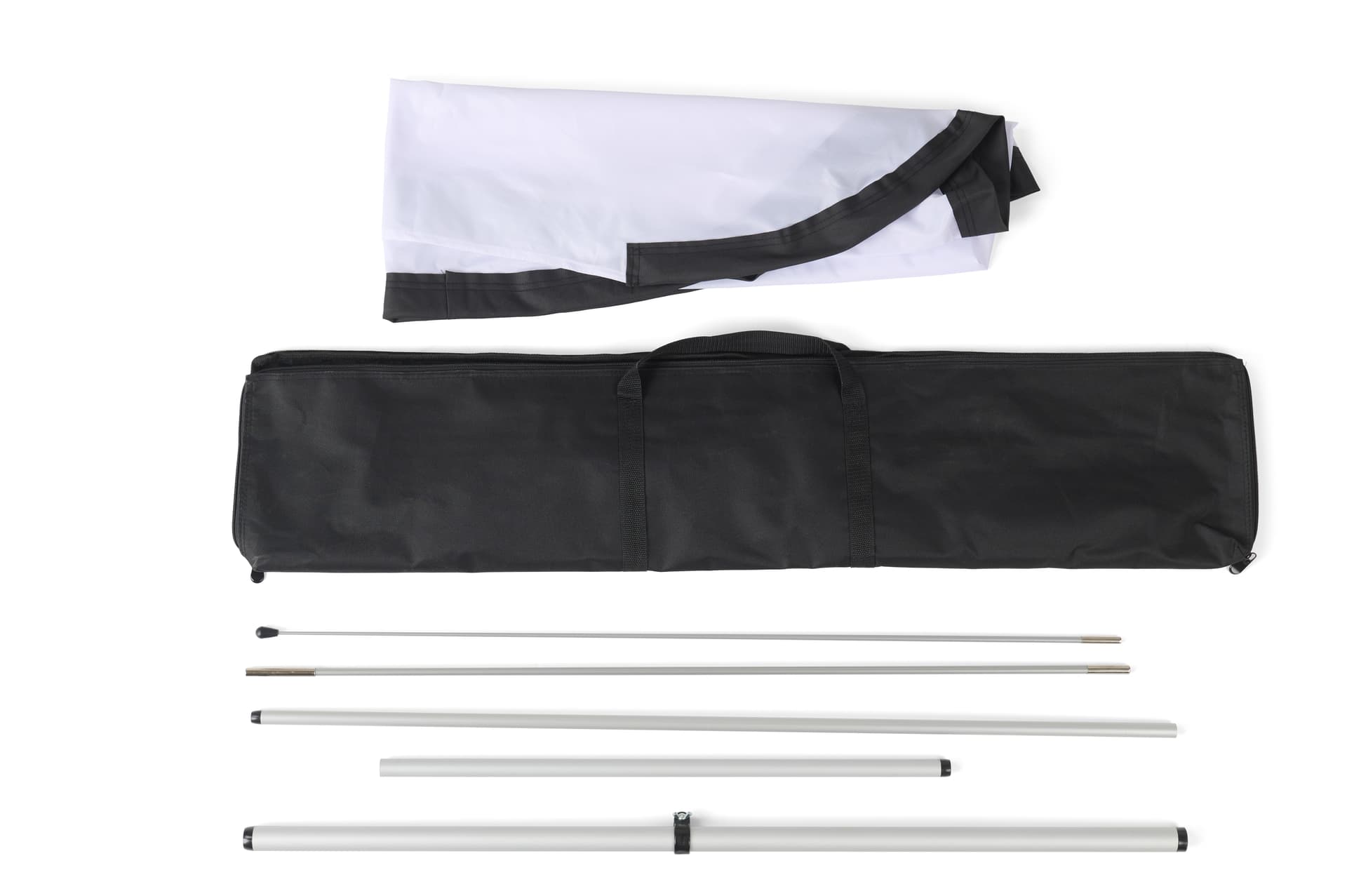 Custom Teardrop Flag kit includes flag, poles, base, and carrying bag