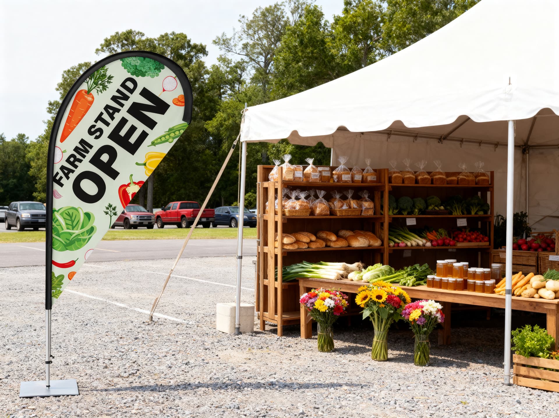 Custom Teardrop Flag at a farmer's market stand