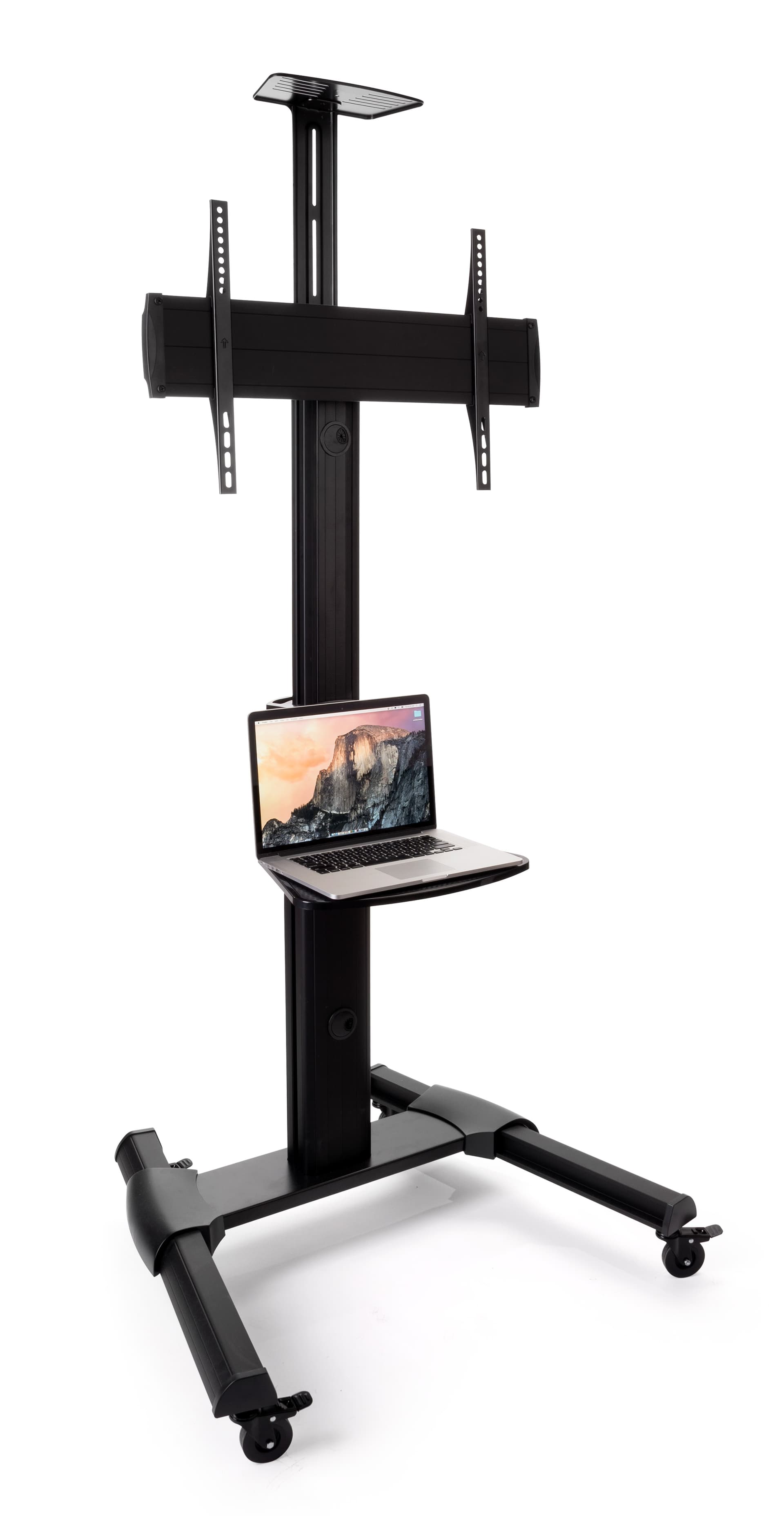 Widescreen monitor stand on wheels with AV accessory shelves