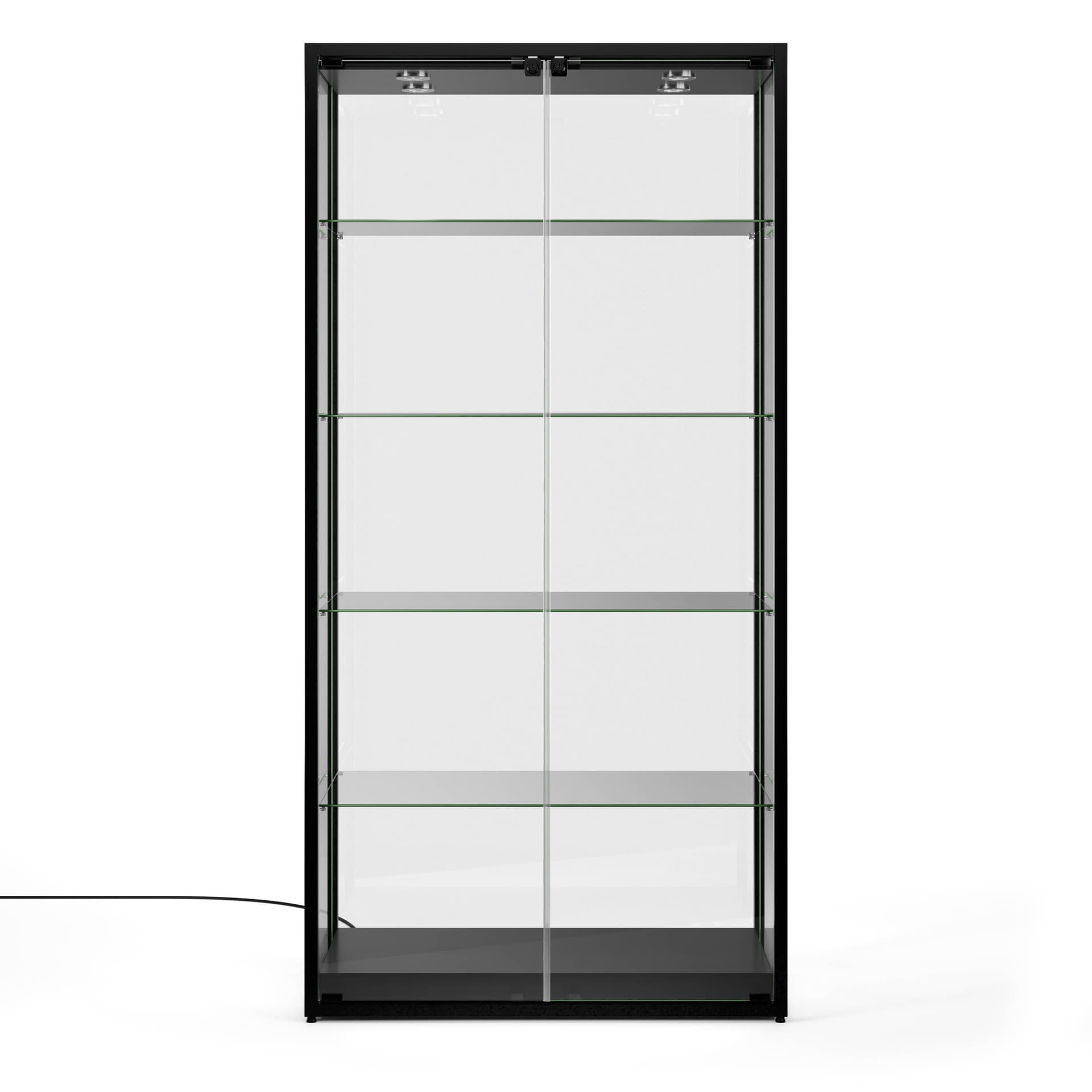 Locking glass display cabinet with height adjustable shelving 