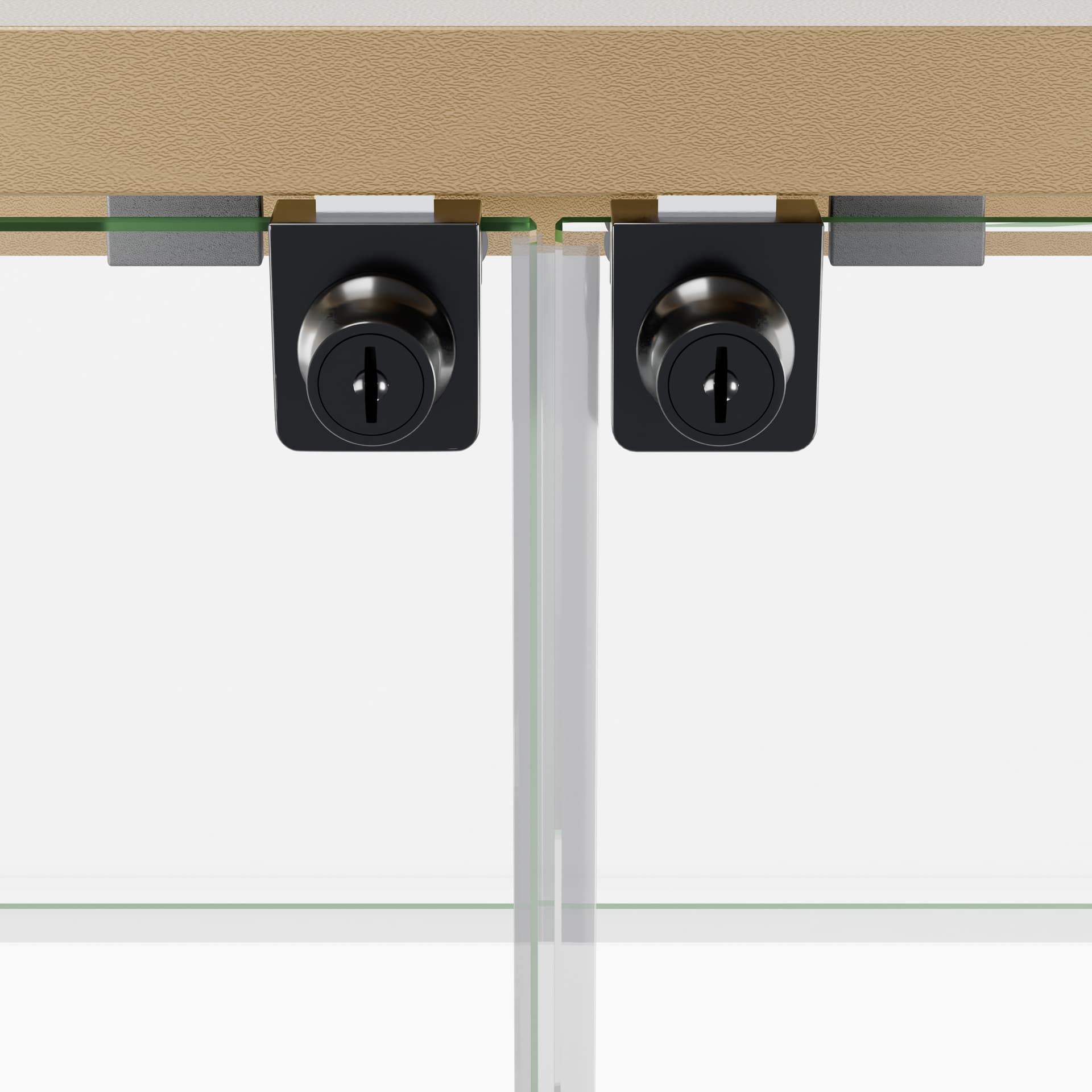 Locking glass display with plastic door guard