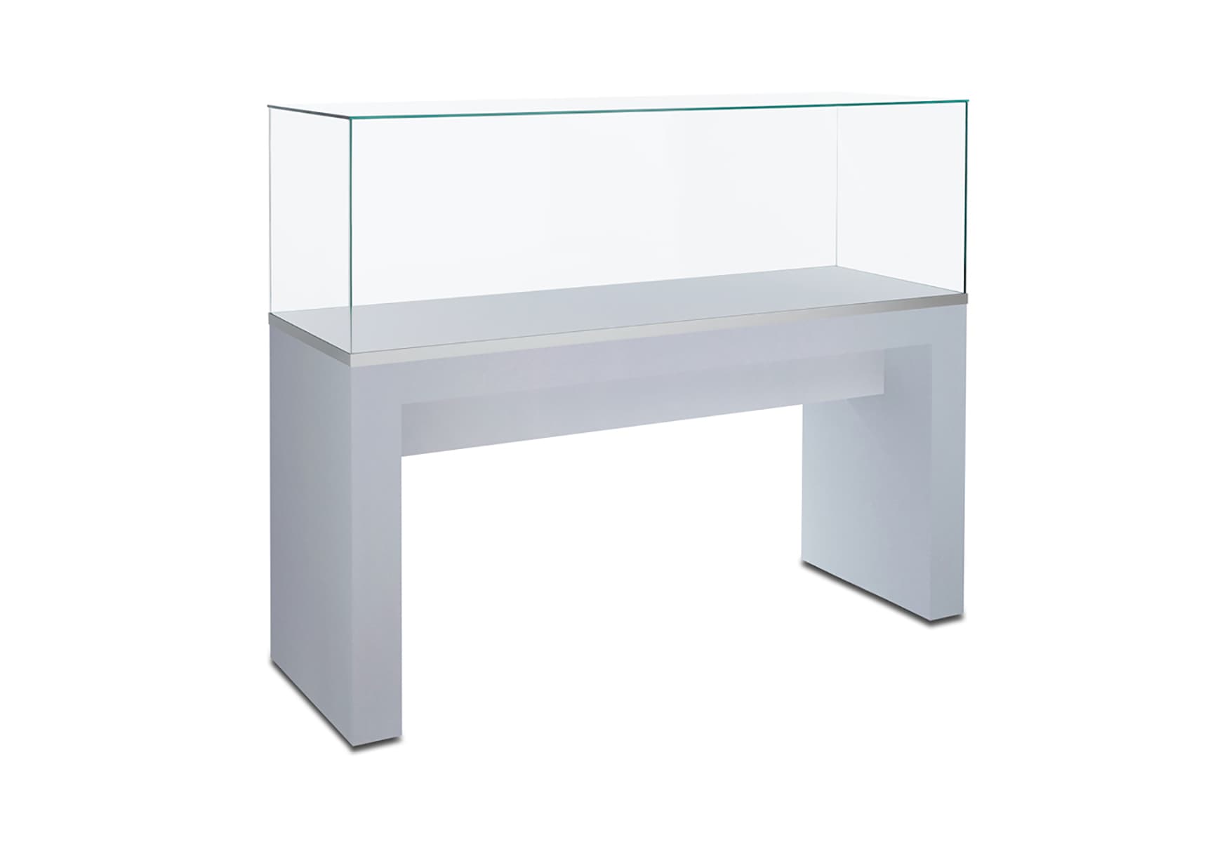 Silver glass display table case with matte finish