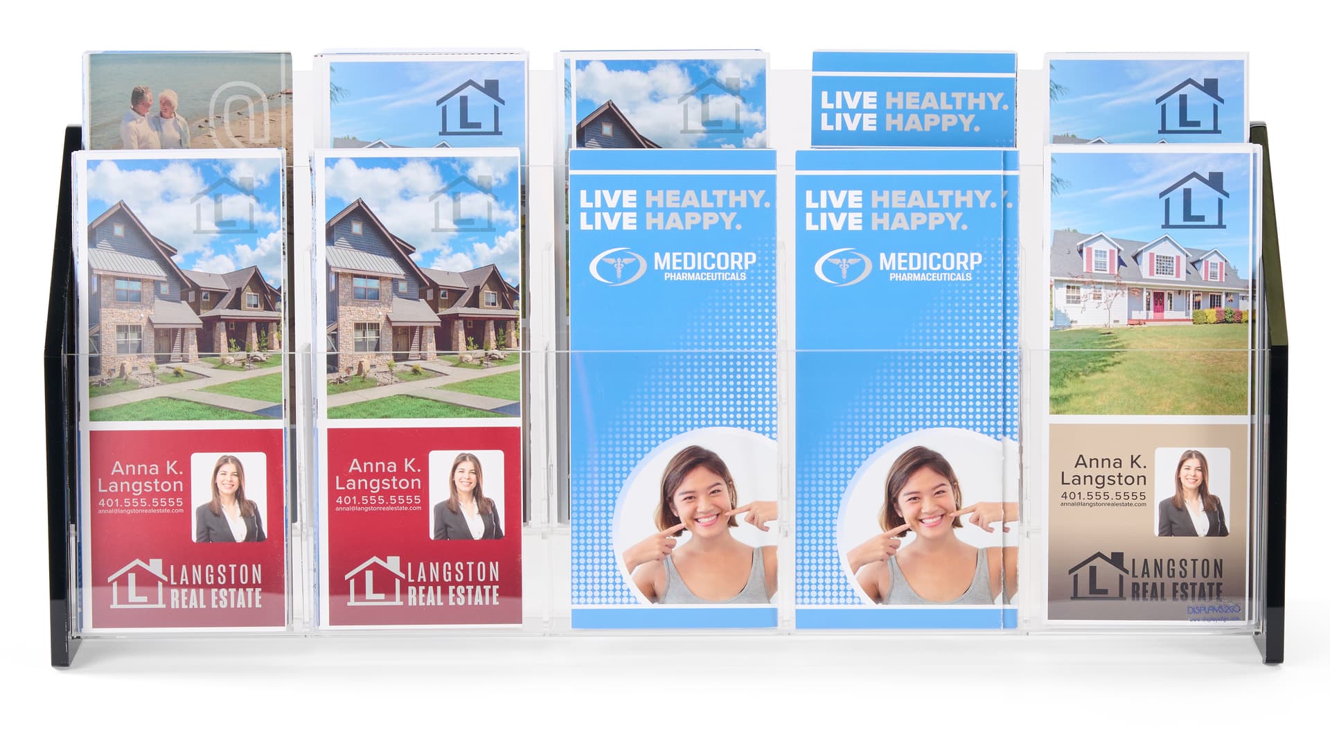Pamphlet holder with stacked rising feature so literature in the back can be accessed