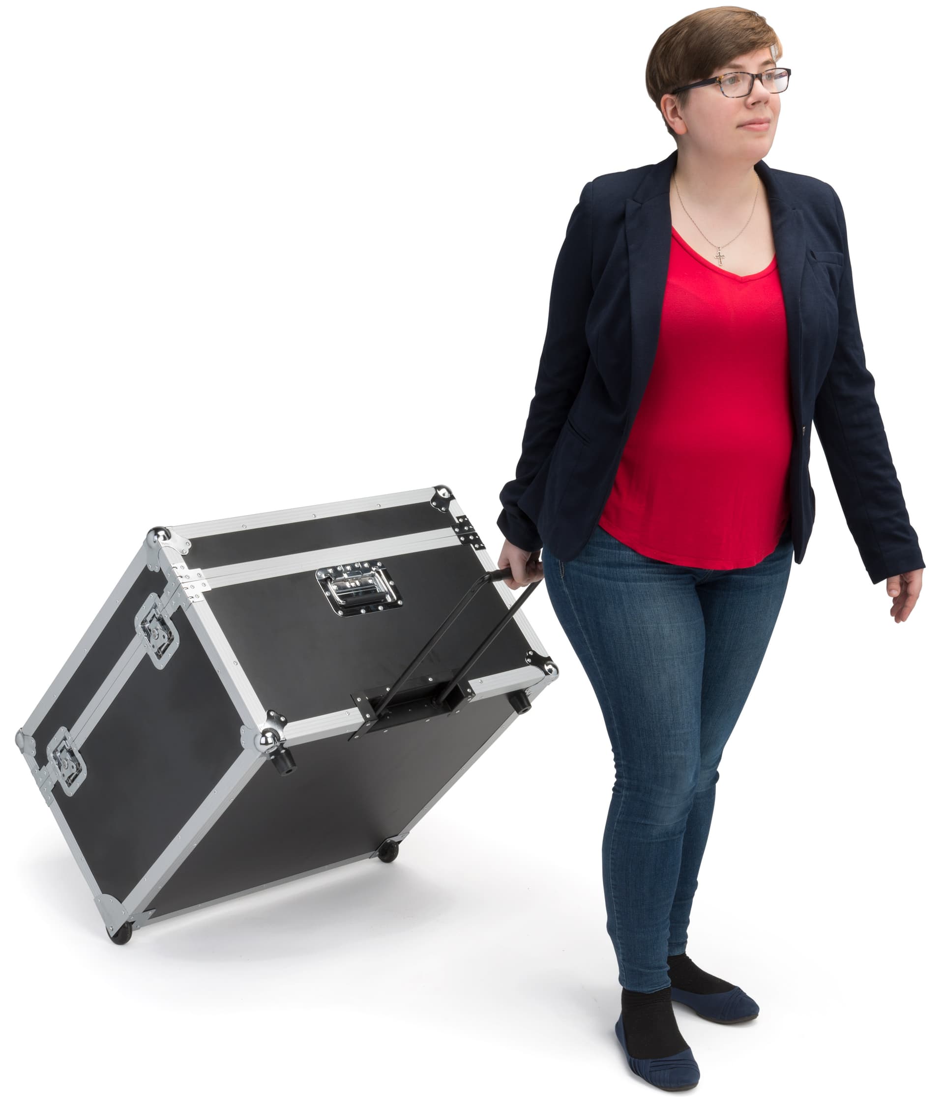 Trade show floor tile carrying case shown with extendable pull handle