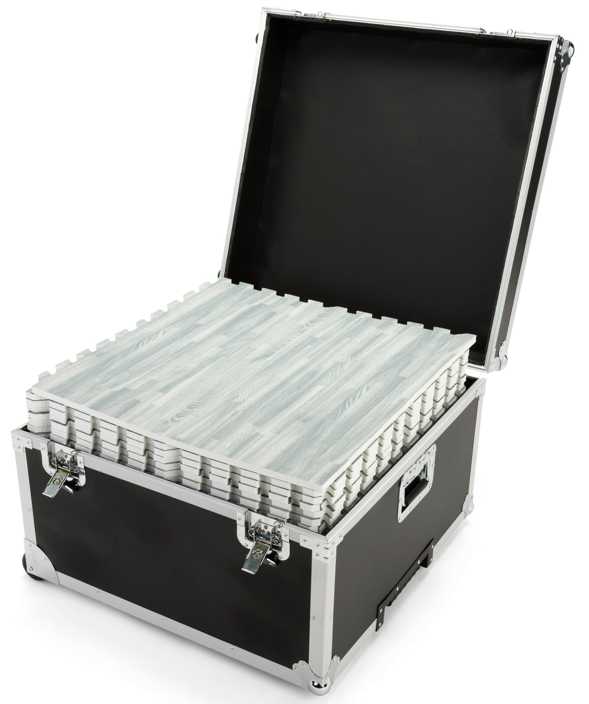 Trade show floor tile carrying case shown holding interlocking pieces