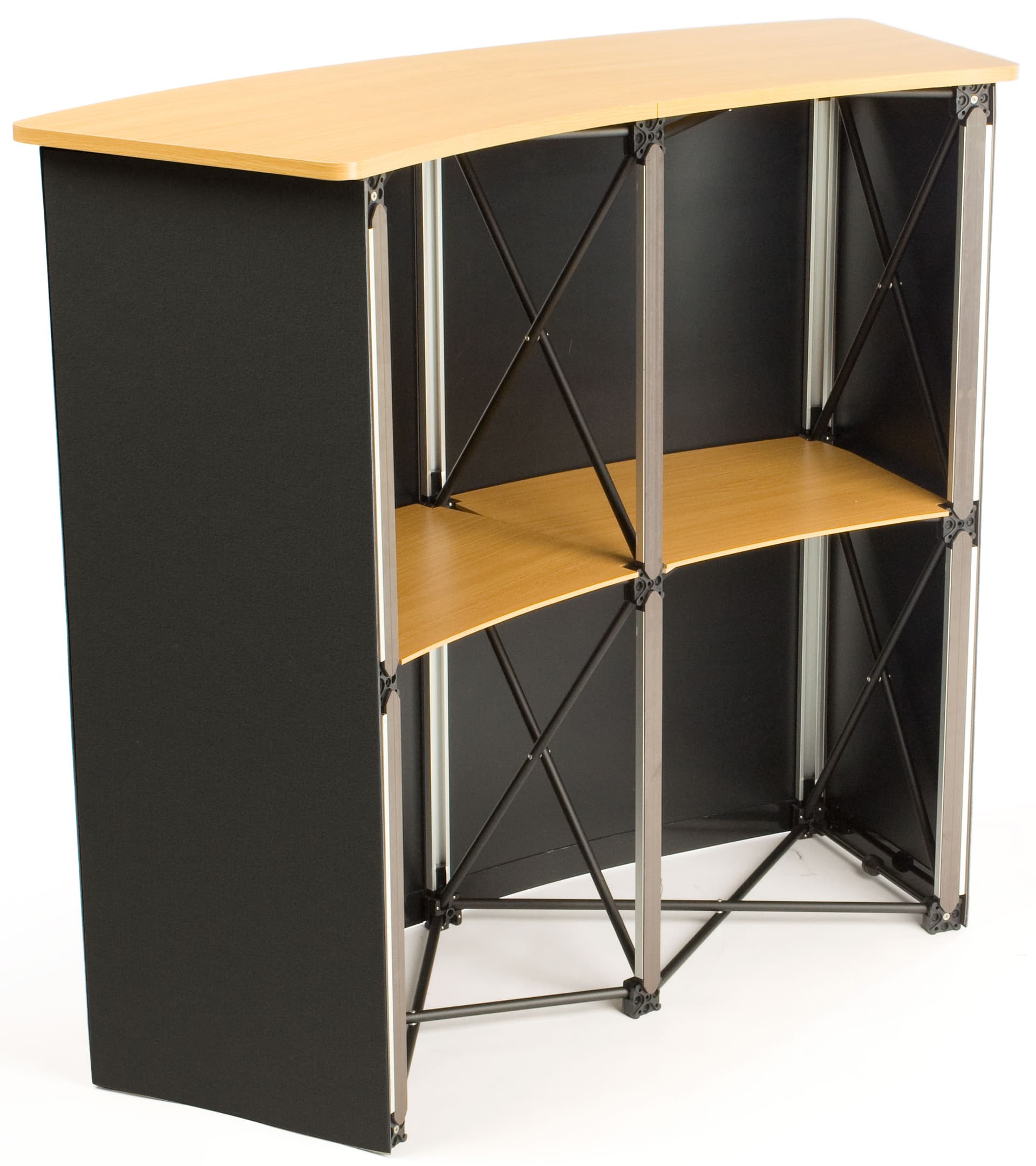 Curved exhibit booth backwall set with storage in counter