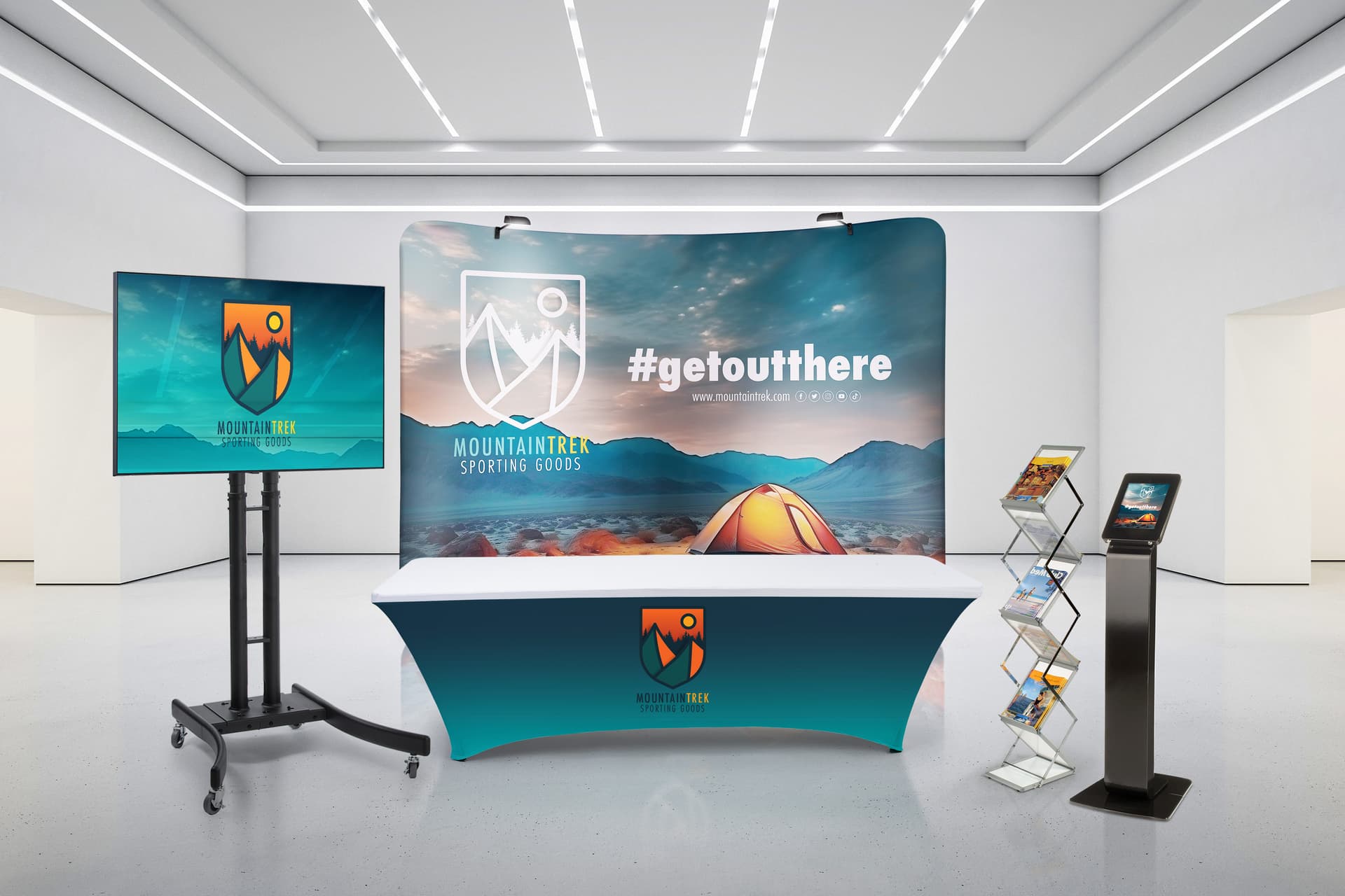 Trade show booth kits features white stretch table throw with front only pritning