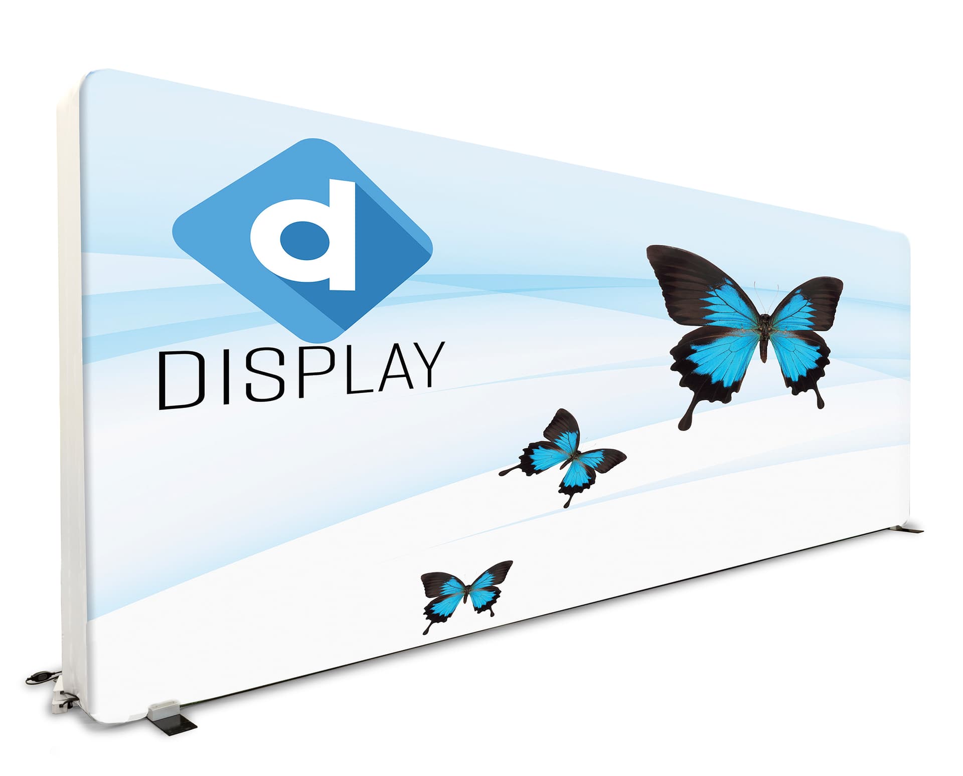 20ft booth with tv stand and zippered custom printed full color graphics on backlit wall