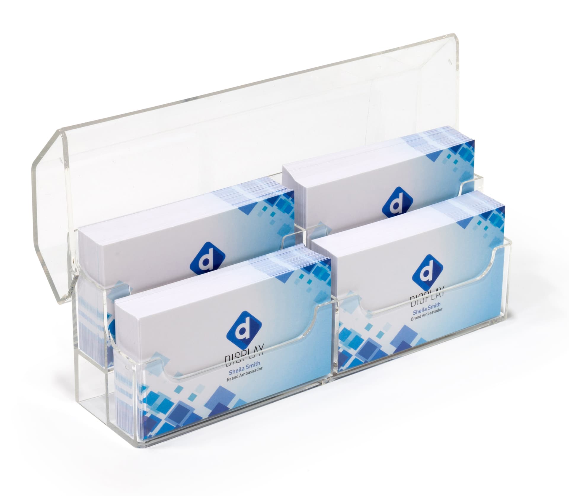 20' booth with tv stand with 2 tier clear acrylic business card holder