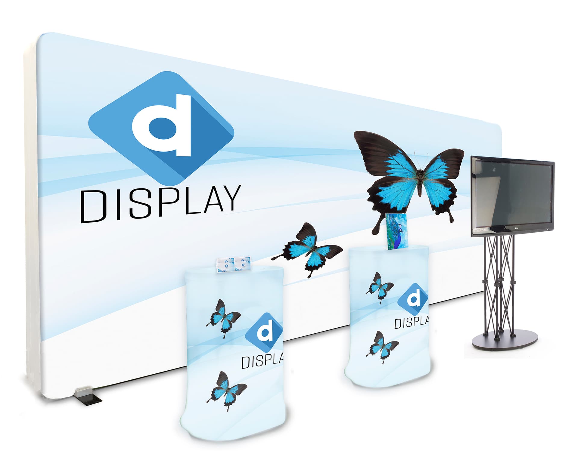 20ft booth with tv stand and printed lightbox backdrop with carry cases as counters