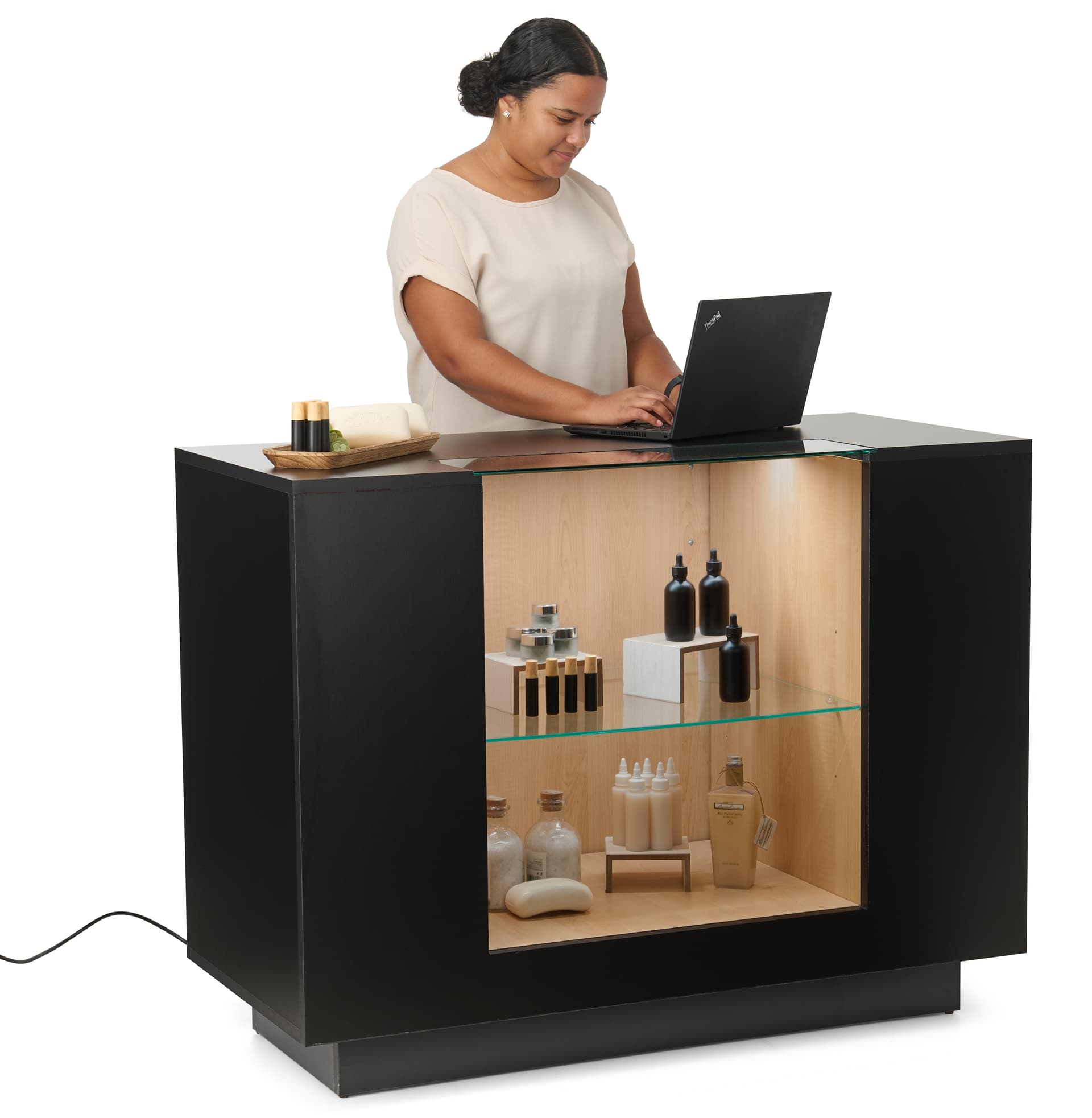 Two tone retail showcase with overall weight of 160 pounds 