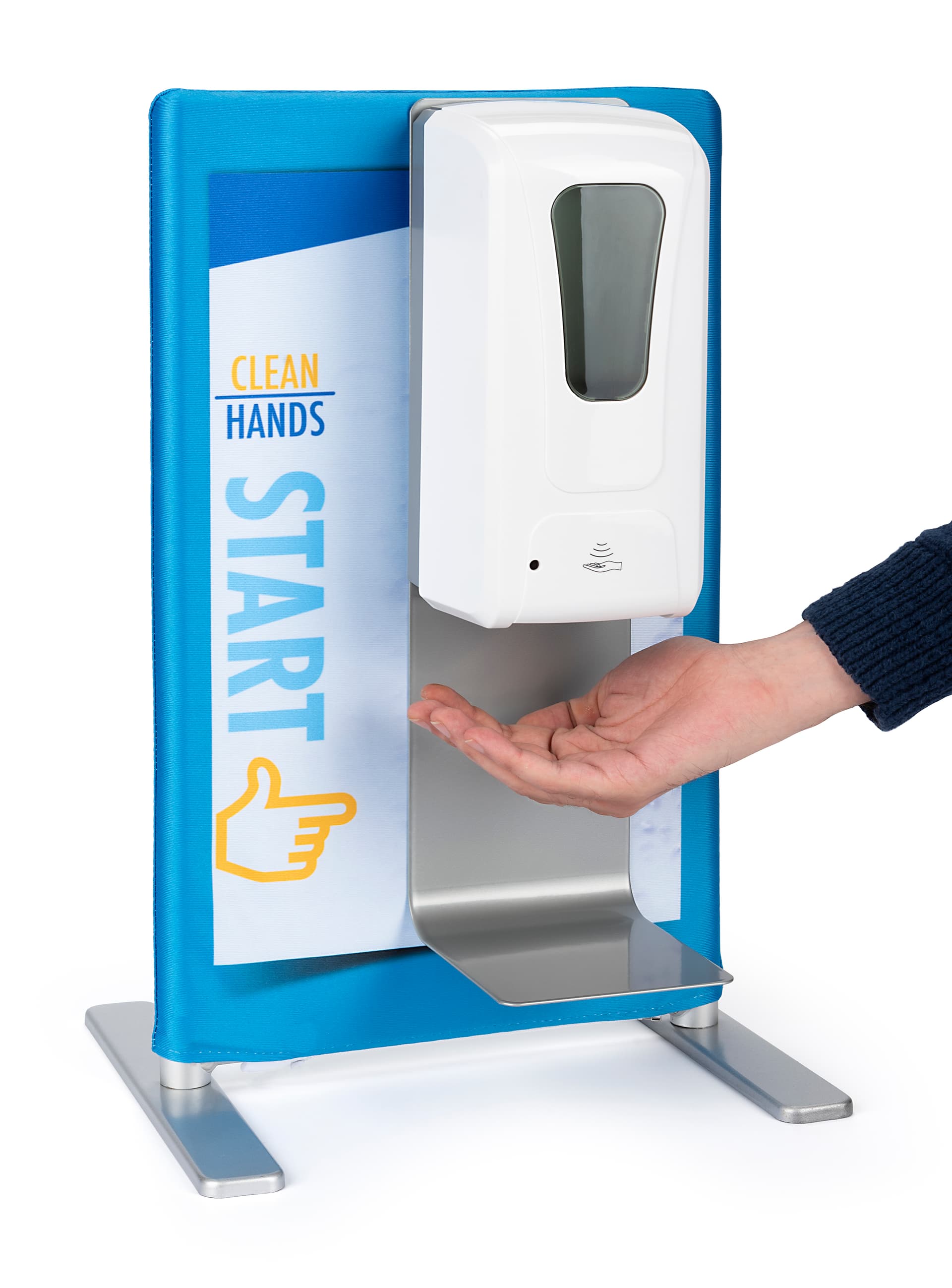 Pre-printed table graphic for sanitizer banner stand fully assembled with frame and dispenser