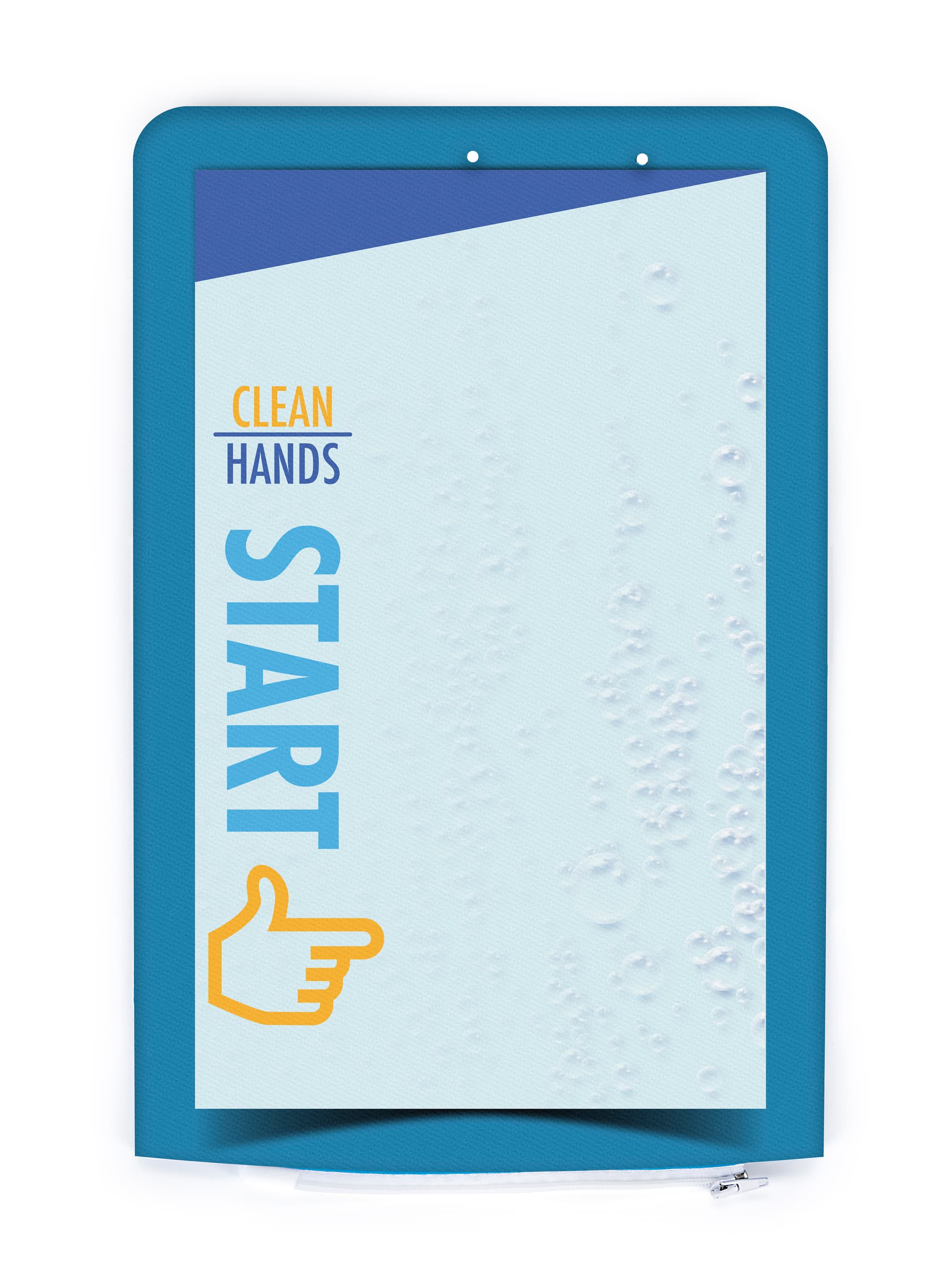 Pre-printed table graphic for sanitizer banner stand with holes for mounting dispenser and drip tray