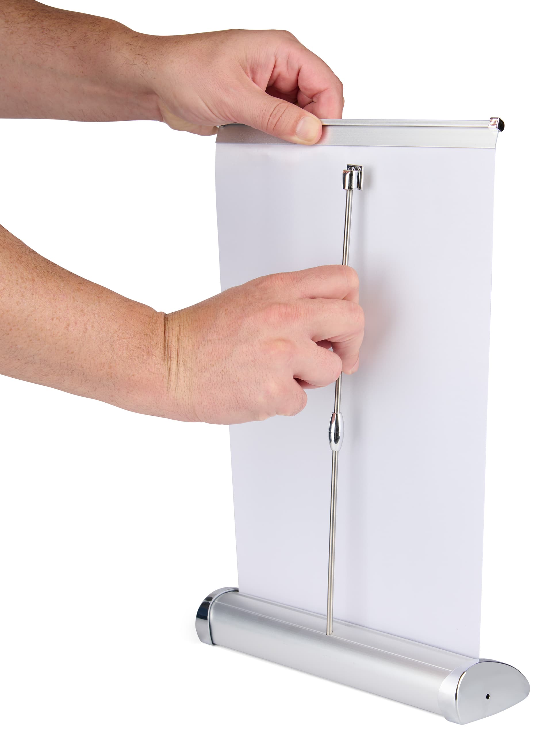 Desktop banner stands with chrome and silver base