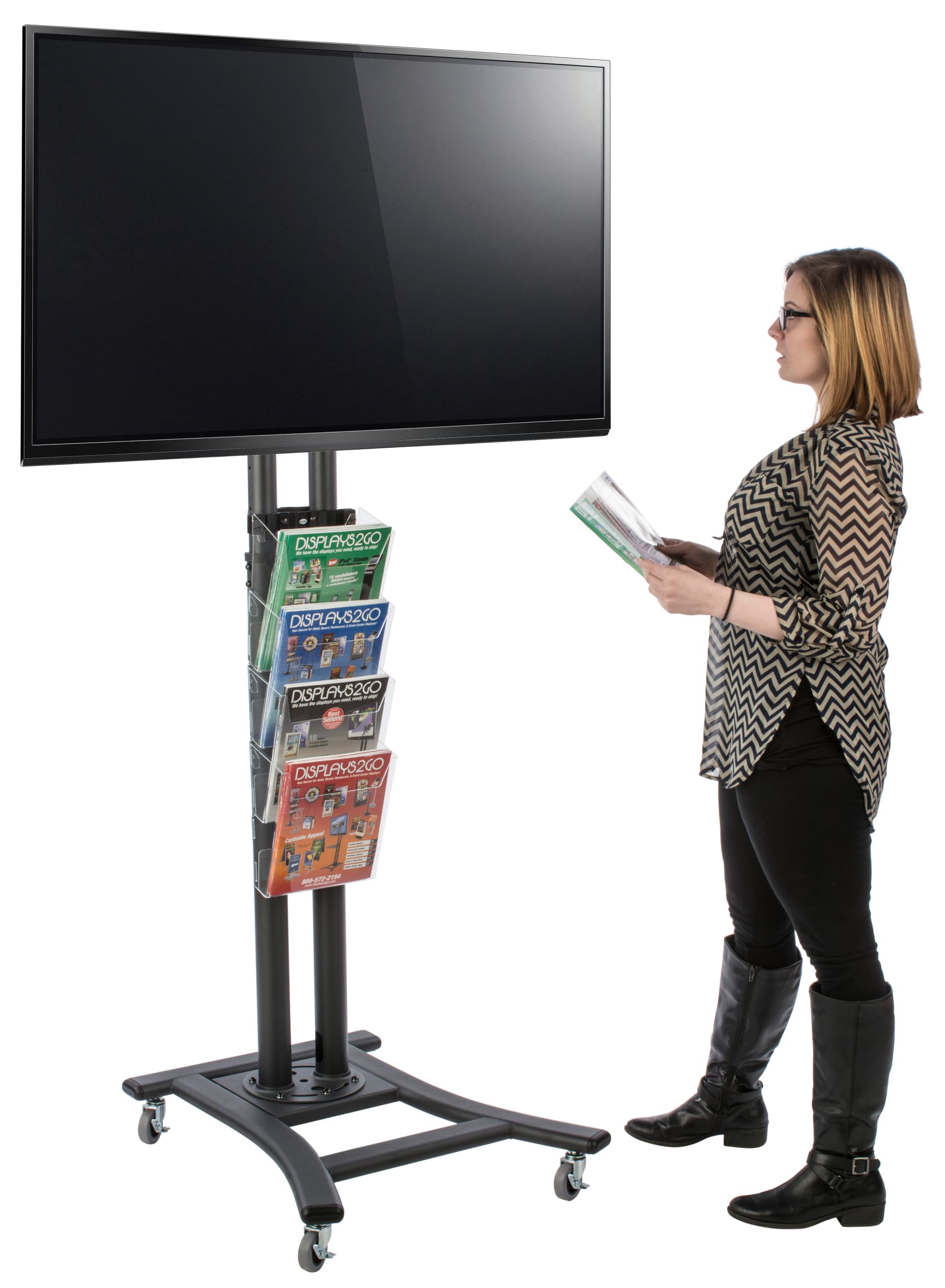 Black Plasma TV Stand with 4 Clear Literature Pockets, Adjustable